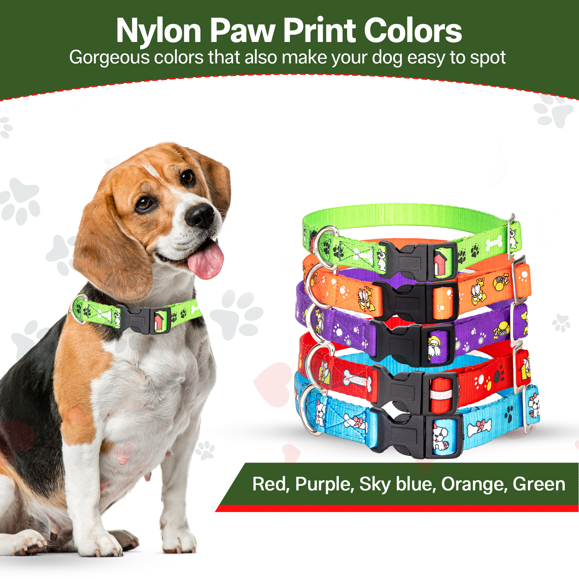 Adil’S Nylon Paw Print Dog Collar with Adjustable Quick Release Buckle & D-Ring for Leashes