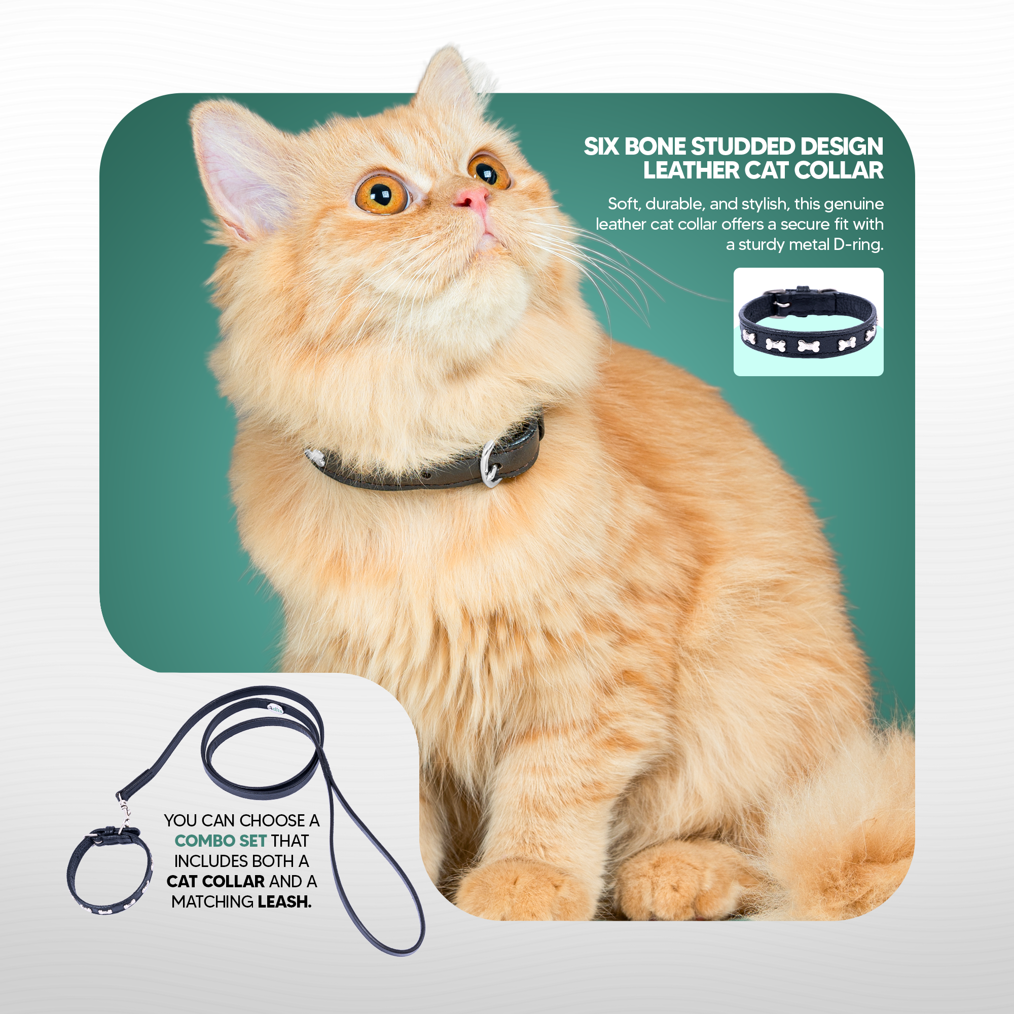 Adil’S Leather Cat Collar - Stylish Six Bone Studded Design, Breakaway Soft pet Collar, Adjustable Metal Buckle with Strong D-Ring for Leash attachments,Comfortable & Secure (Black)