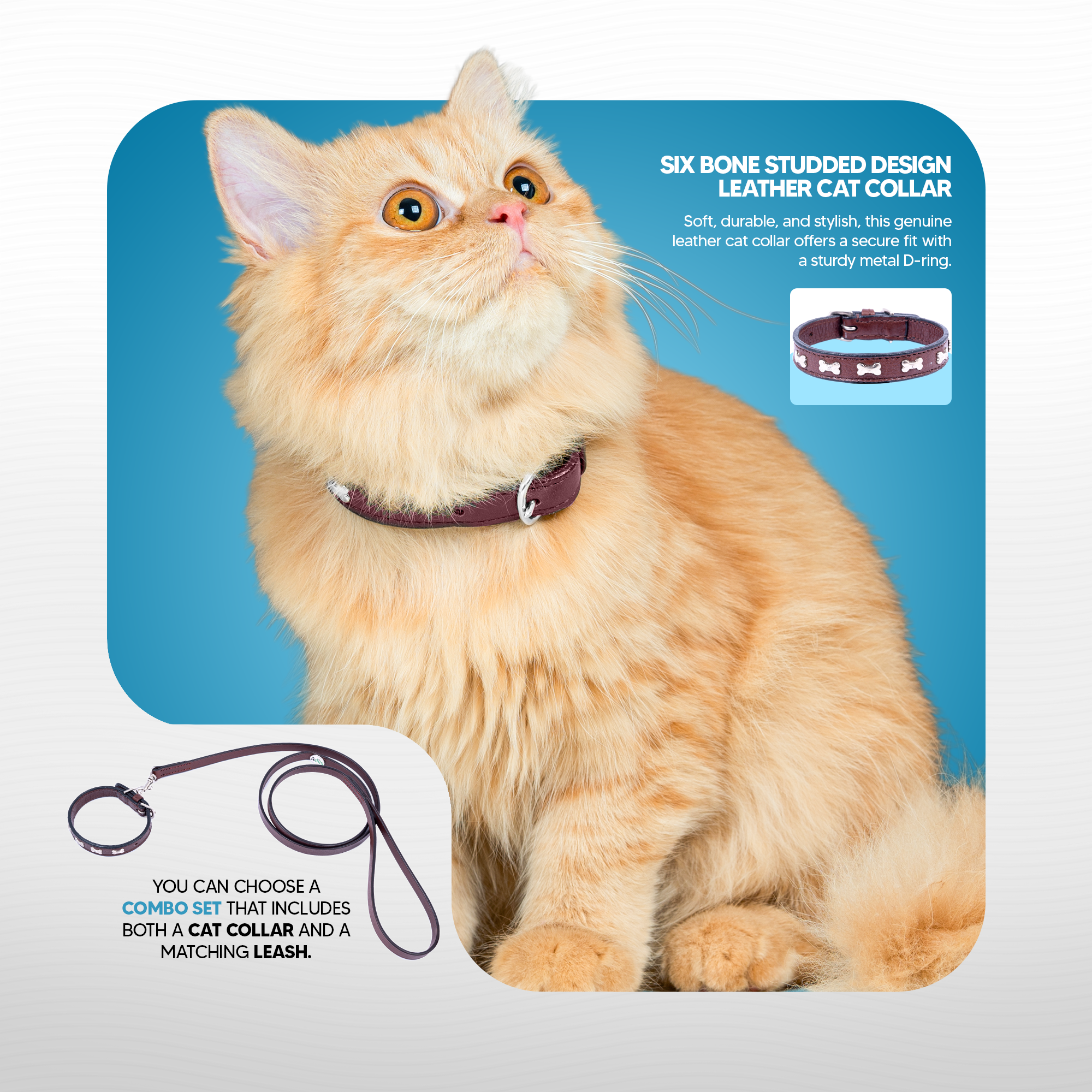 Adil’S Leather Cat Collar - Stylish Six Bone Studded Design, Breakaway Soft pet Collar, Adjustable Metal Buckle with Strong D-Ring for Leash attachments,Comfortable & Secure (Black)