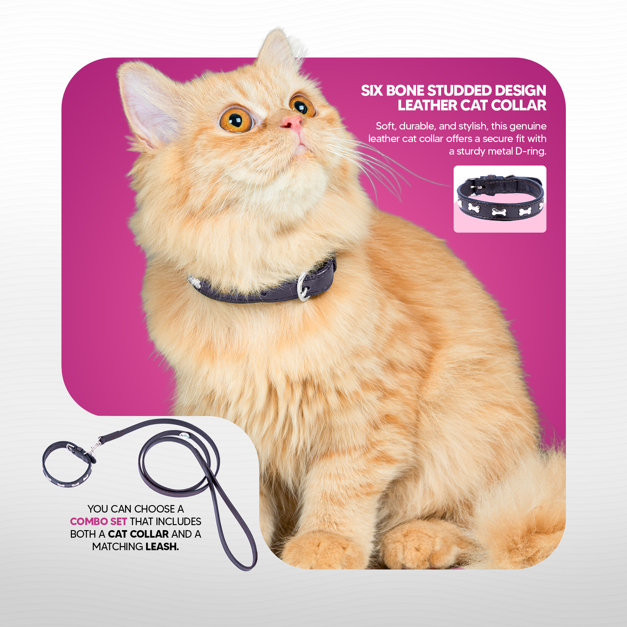 Adil’S Leather Cat Collar - Stylish Six Bone Studded Design, Breakaway Soft pet Collar, Adjustable Metal Buckle with Strong D-Ring for Leash attachments,Comfortable & Secure (Black)