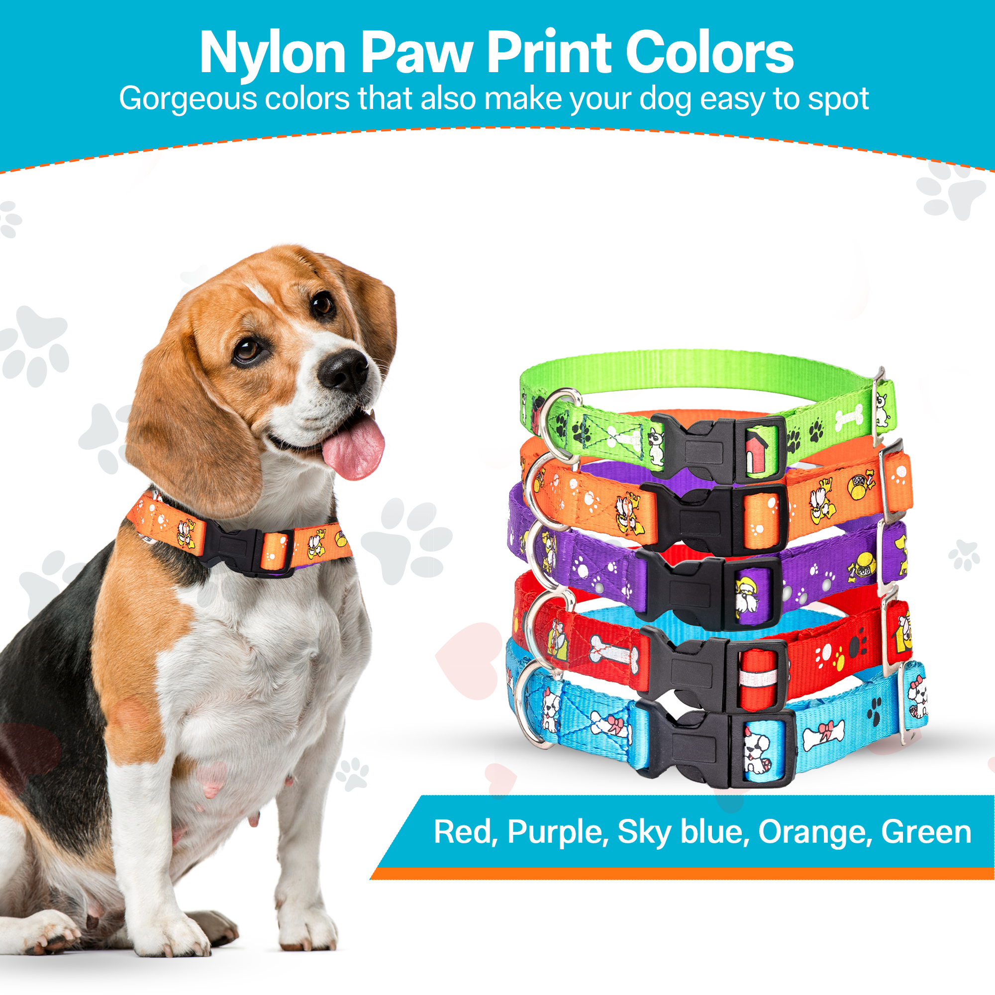 Adil’S Nylon Paw Print Dog Collar with Adjustable Quick Release Buckle & D-Ring for Leashes