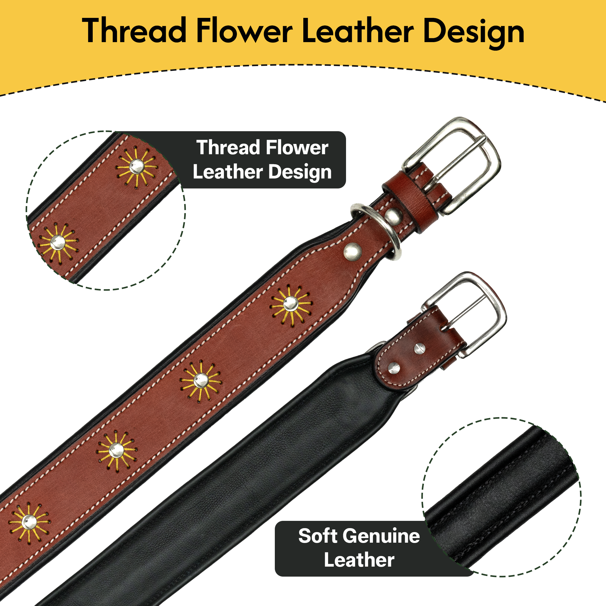 Adil’S Leather Dog Collar Thread Flower Design 1.5 width Adjustable Collars for Small Medium & Large Dogs, Made up Genuine Leather with Strong Metal Buckle