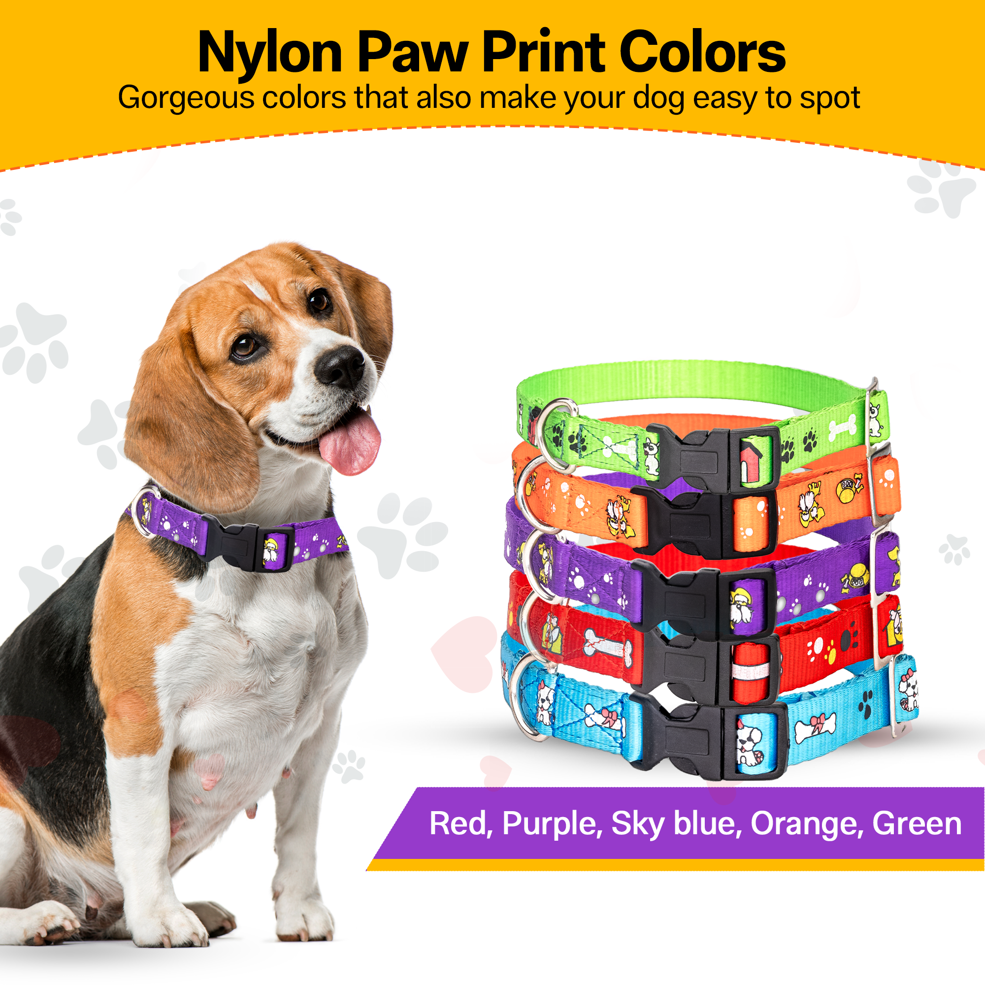 Adil’S Nylon Paw Print Dog Collar with Adjustable Quick Release Buckle & D-Ring for Leashes