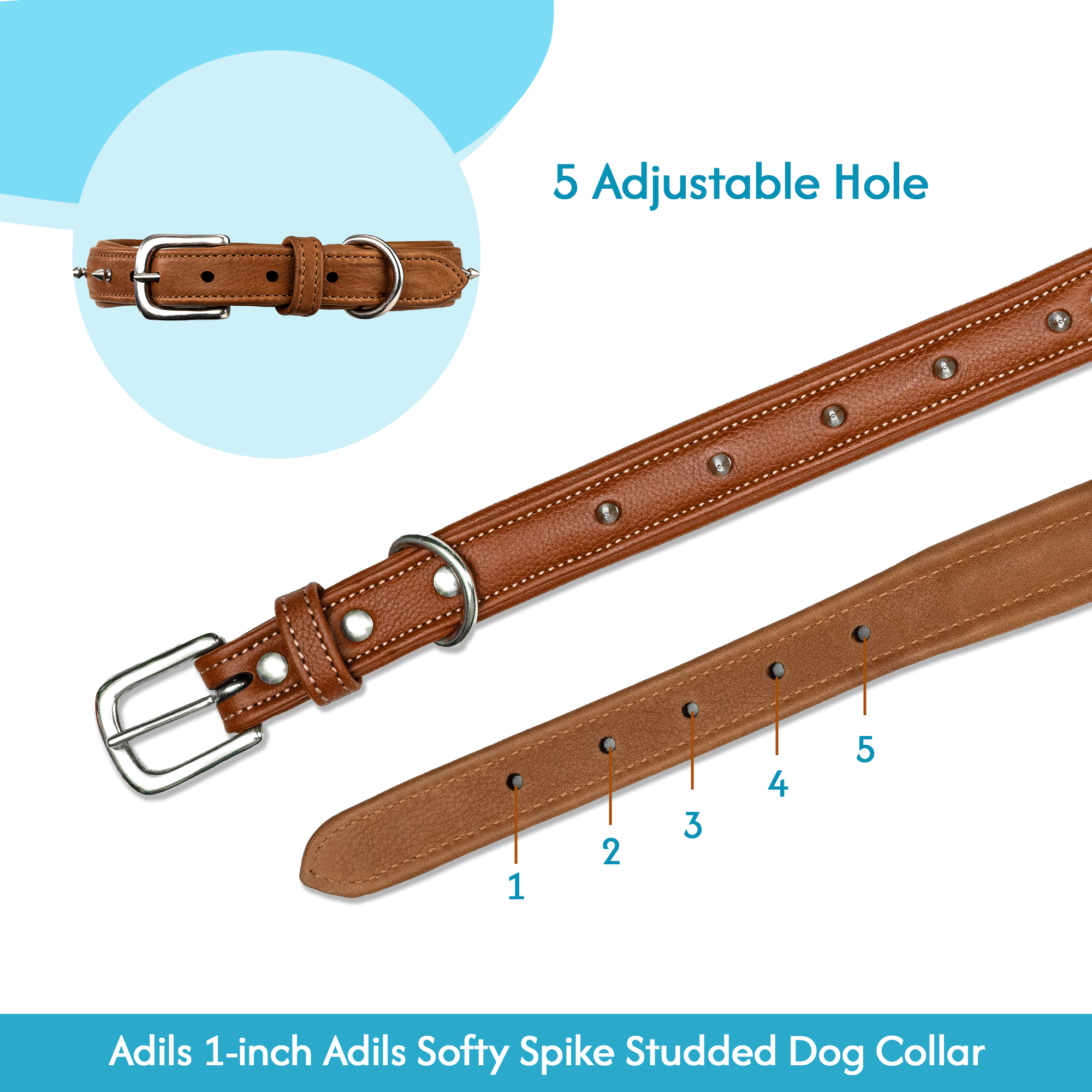 Adil's Spiked Softy Leather Dog Collar with Mushroom Rivet Studs - Adjustable for All Breeds, Metal Buckle & D-Ring