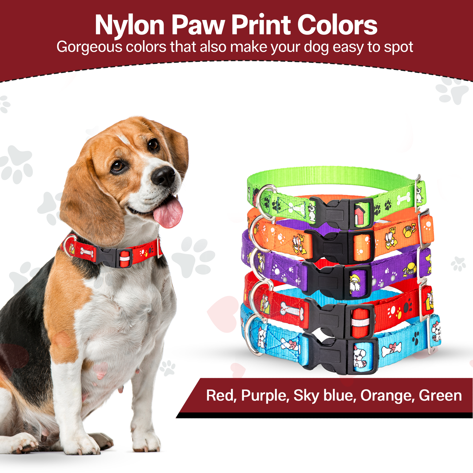 Adil’S Nylon Paw Print Dog Collar with Adjustable Quick Release Buckle & D-Ring for Leashes