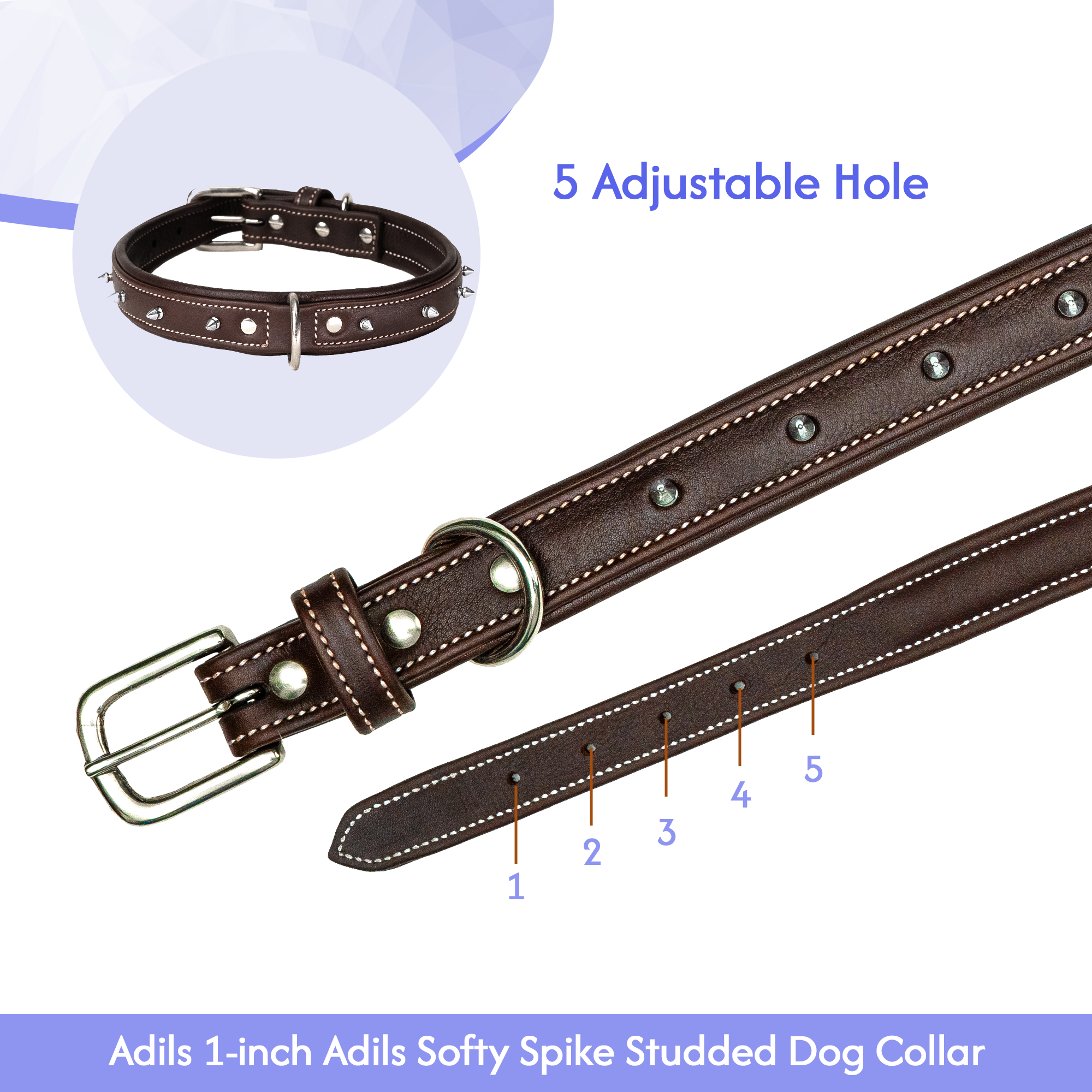 Adil's Spiked Softy Leather Dog Collar with Mushroom Rivet Studs - Adjustable for All Breeds, Metal Buckle & D-Ring