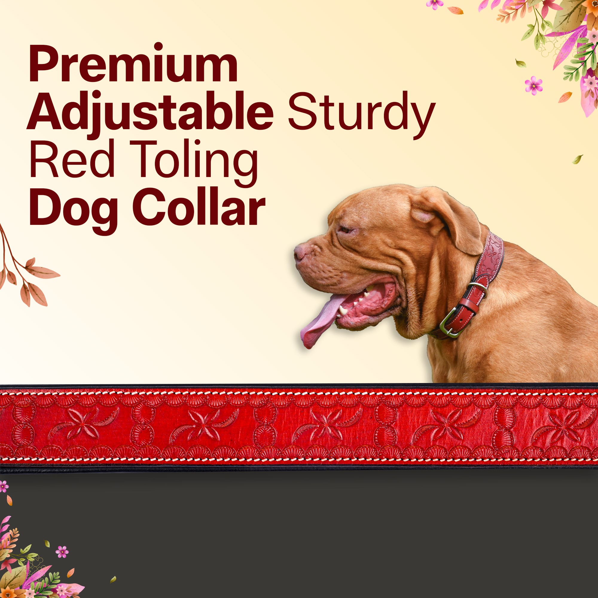 ADIL'S Red Tooling Dog Collar 1.5 Inch Width Suitable For Medium & Large Dogs,Leather Dog Collar With Strong Metal Buckle & D-Ring For Leashes And Id Card