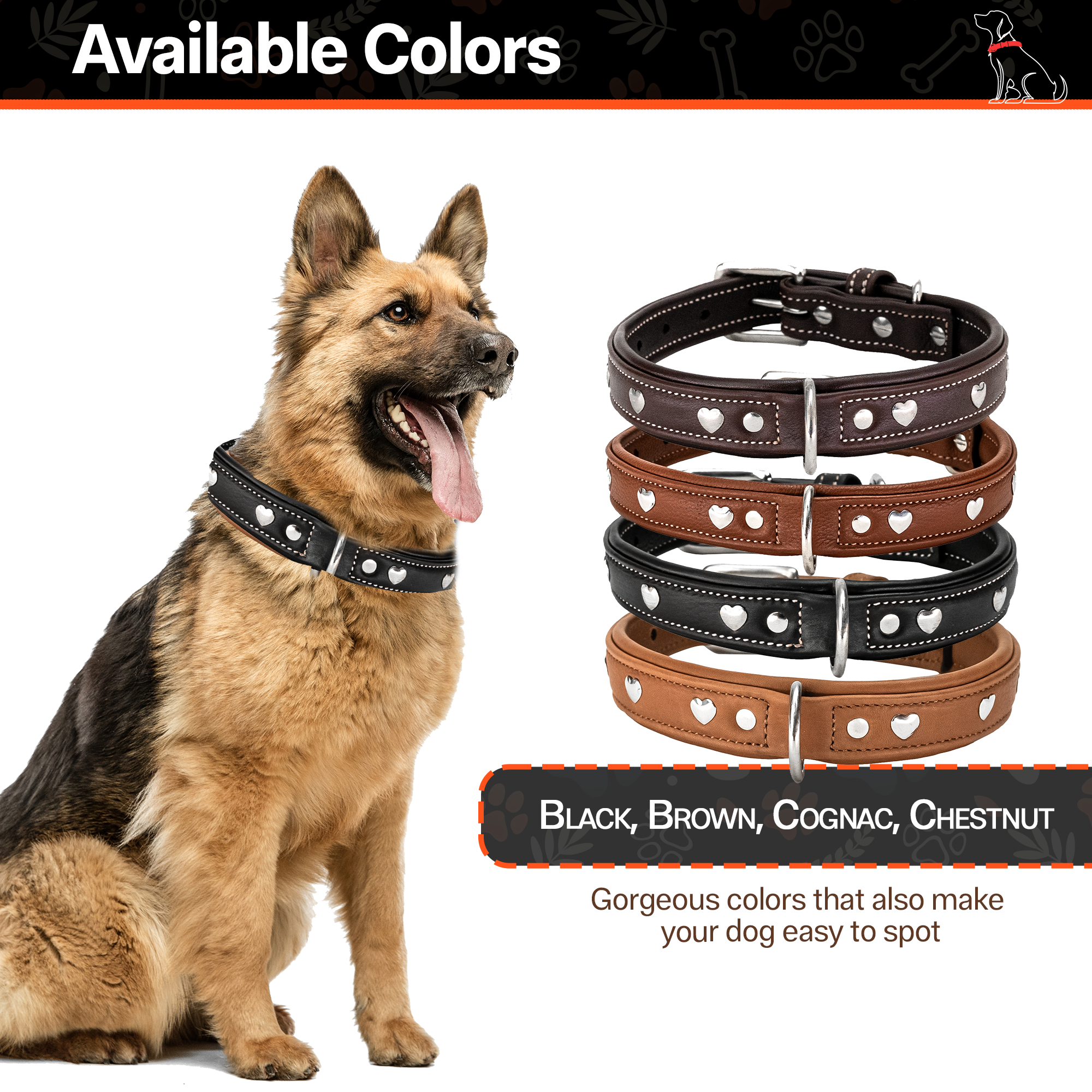 Adil'S Genuine Leather Heart Studded Dog Collar 1in Width, Neck Size: 12" to 26", Cognac Leather Dog Collar with Soft Padding, Sturdy & Strong D-Ring for leashes & ID Card