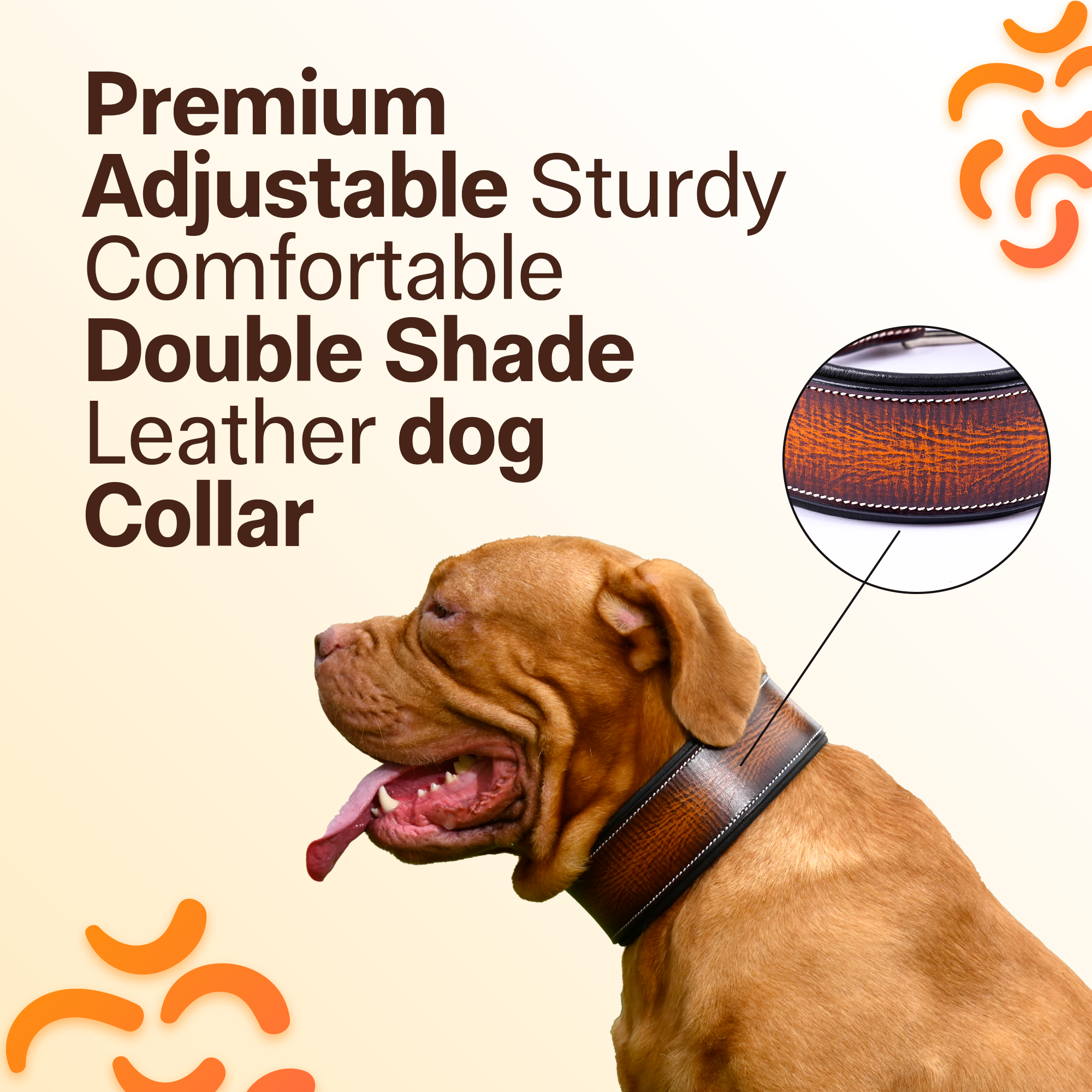 Genuine Leather Double Shade Dog Collar, Unique Design with Meta Buckle & Strong D-Ring