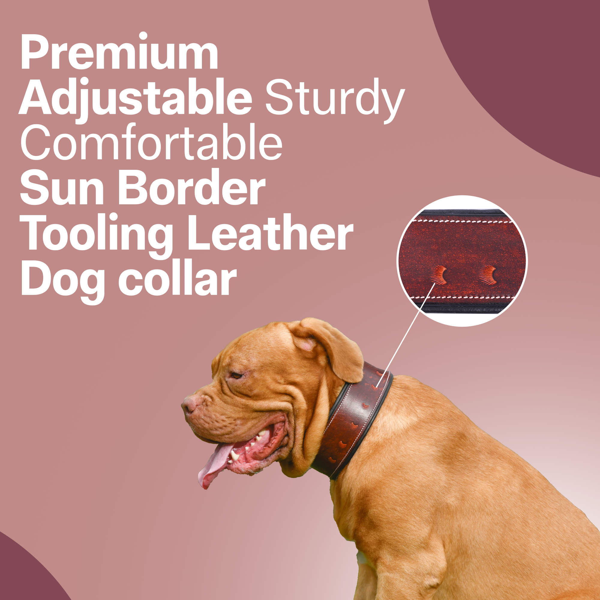 Handmade Leather Sun Border Tooling Dog Collar Heavy Duty with Adjustable Buckle