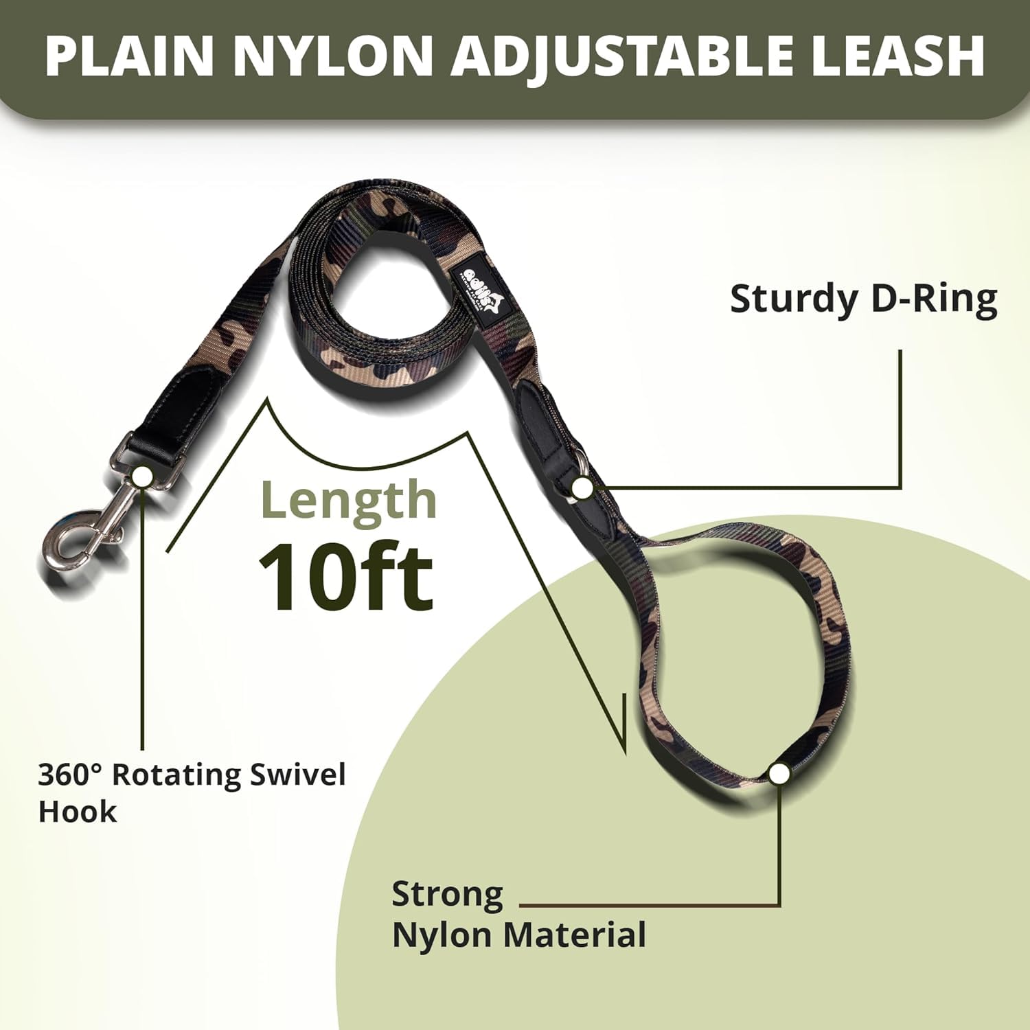 Adil’s Nylon Adjustable Dog Leash in Army Print with Soft Leather Handle, Heavy-Duty Strap & 360° Swivel Hook – Durable Training & Walking Leash for Small, Medium & Large Pets.