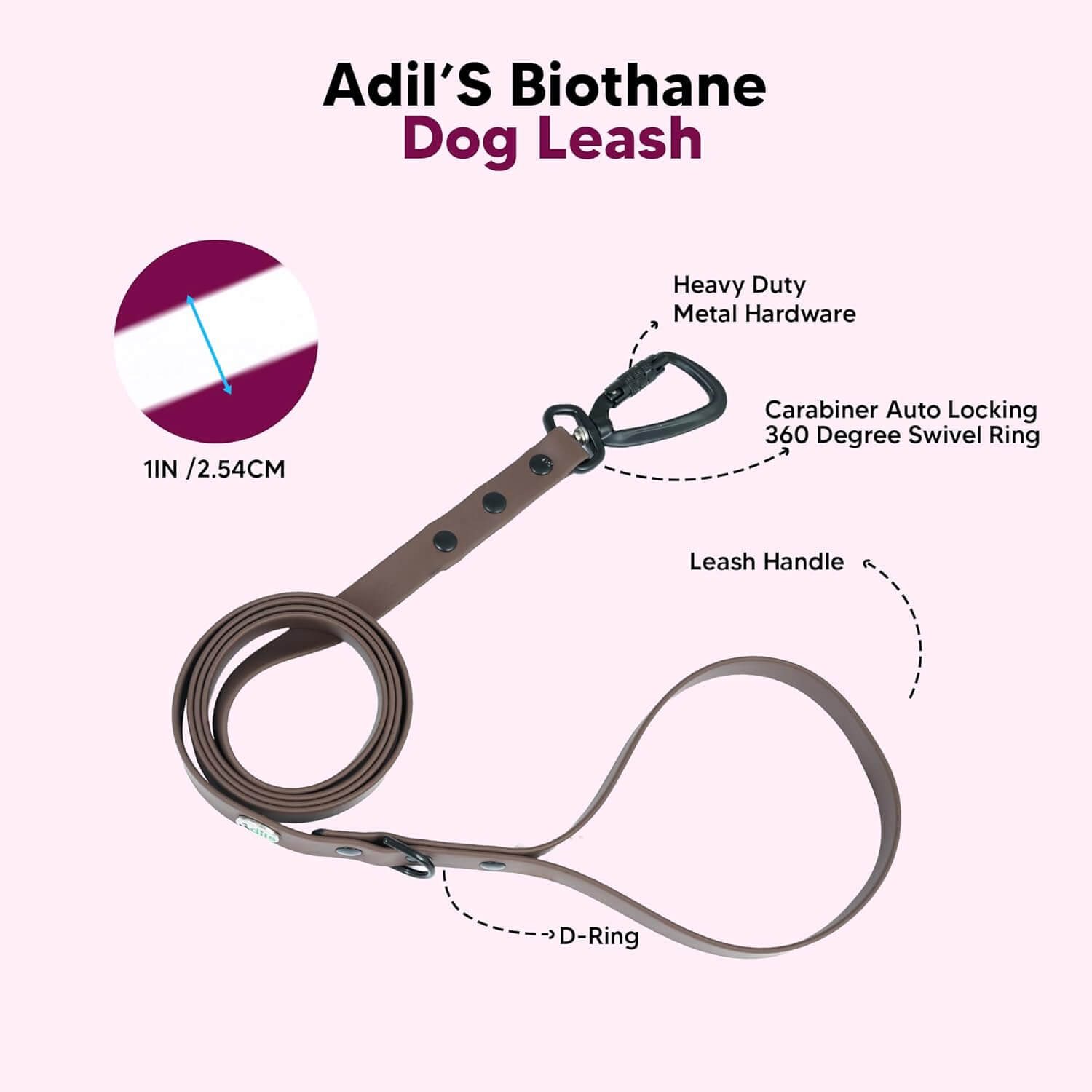 Adil’s Biothane Dog Leash - Waterproof Leashes for Dogs, Metal Hook, Adjustable 5ft Length Suitable for Dogs & Puppies, Ideal for Walking, Running & Training