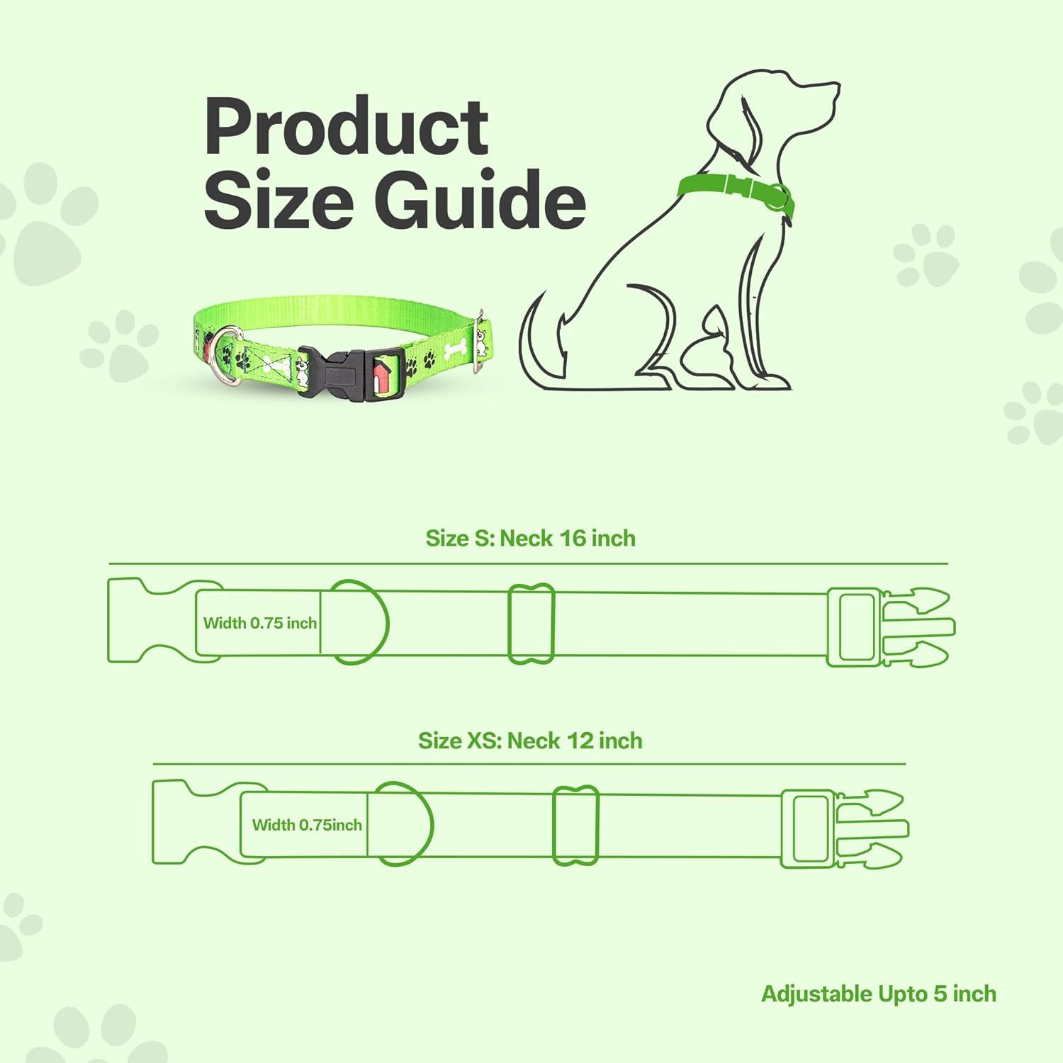 Adil's Nylon Paw Print Dog Collar & Leash Combo Set Quick Release Buckle 360° Swivel Hook Leather Accents 0.75 Inch Collar 5Ft Lead Walking Training for Small Medium Pets (Green, XS)