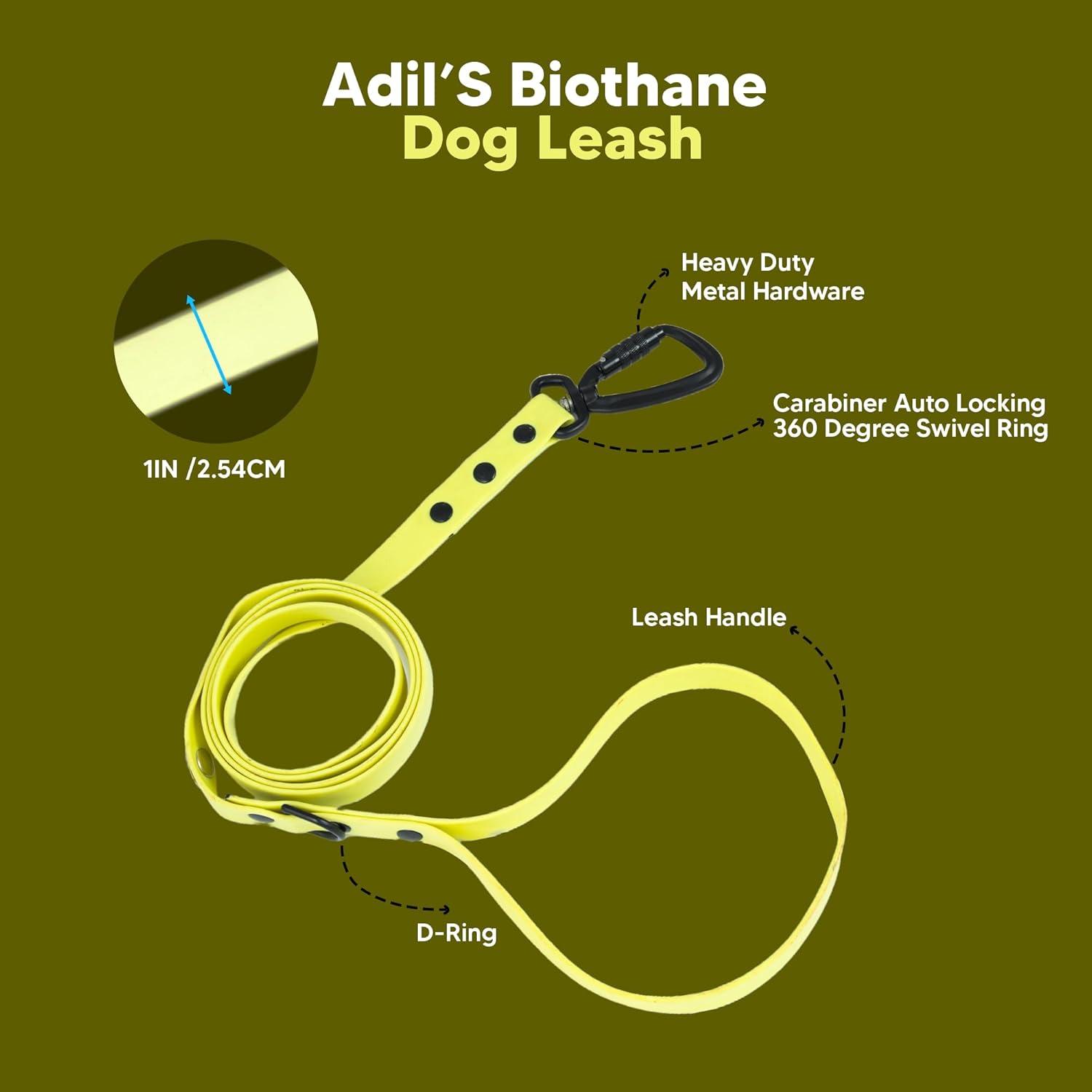 Adil’s Biothane Dog Leash - Waterproof Leashes for Dogs, Metal Hook, Adjustable 5ft Length Suitable for Dogs & Puppies, Ideal for Walking, Running & Training