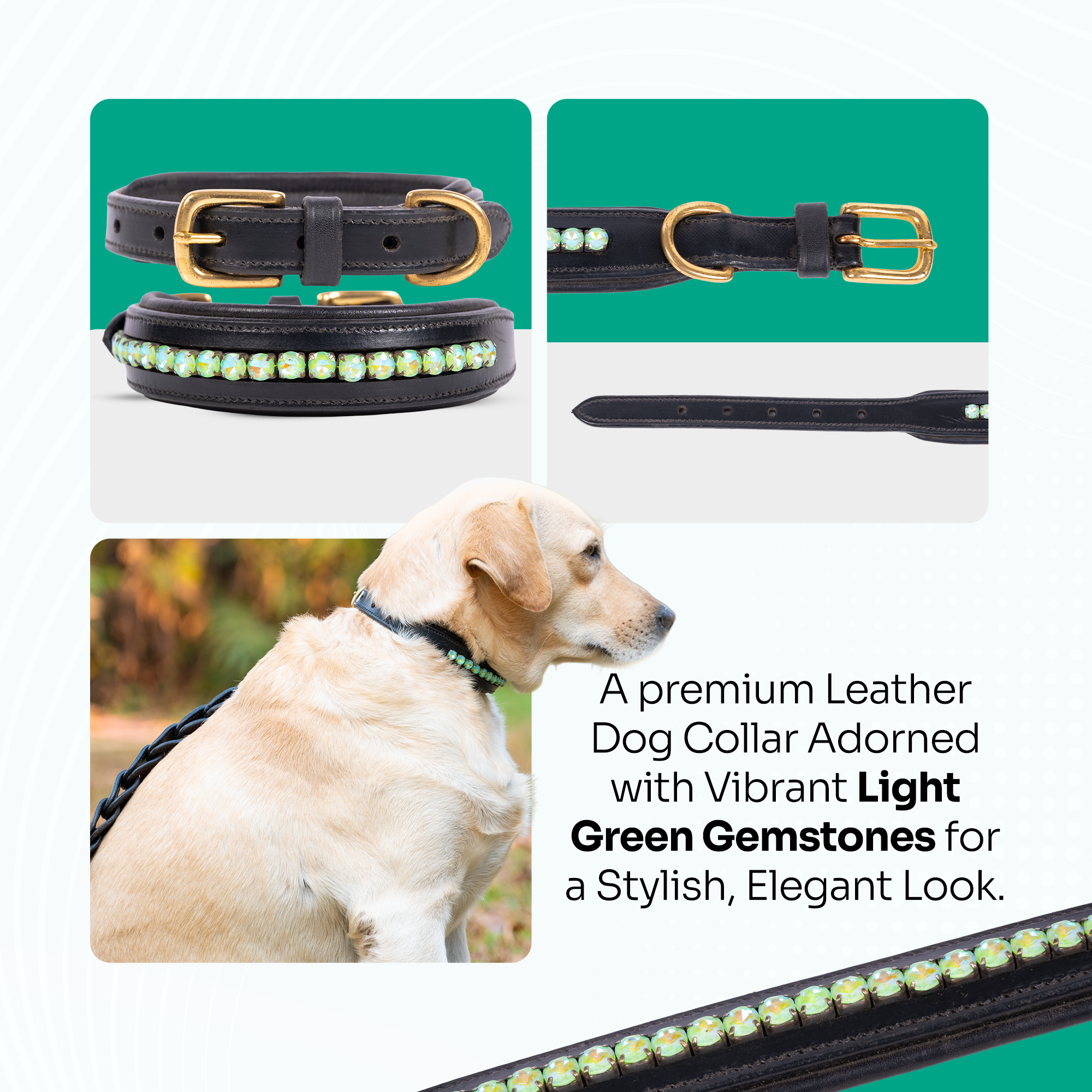 Adil’s Crystal Dog Collar, 1 inch Wide Green Gemstone Chain Leather Dog Collars for Small Medium Large Dogs, Adjustable Collars with Strong Metal Buckle & D-Ring