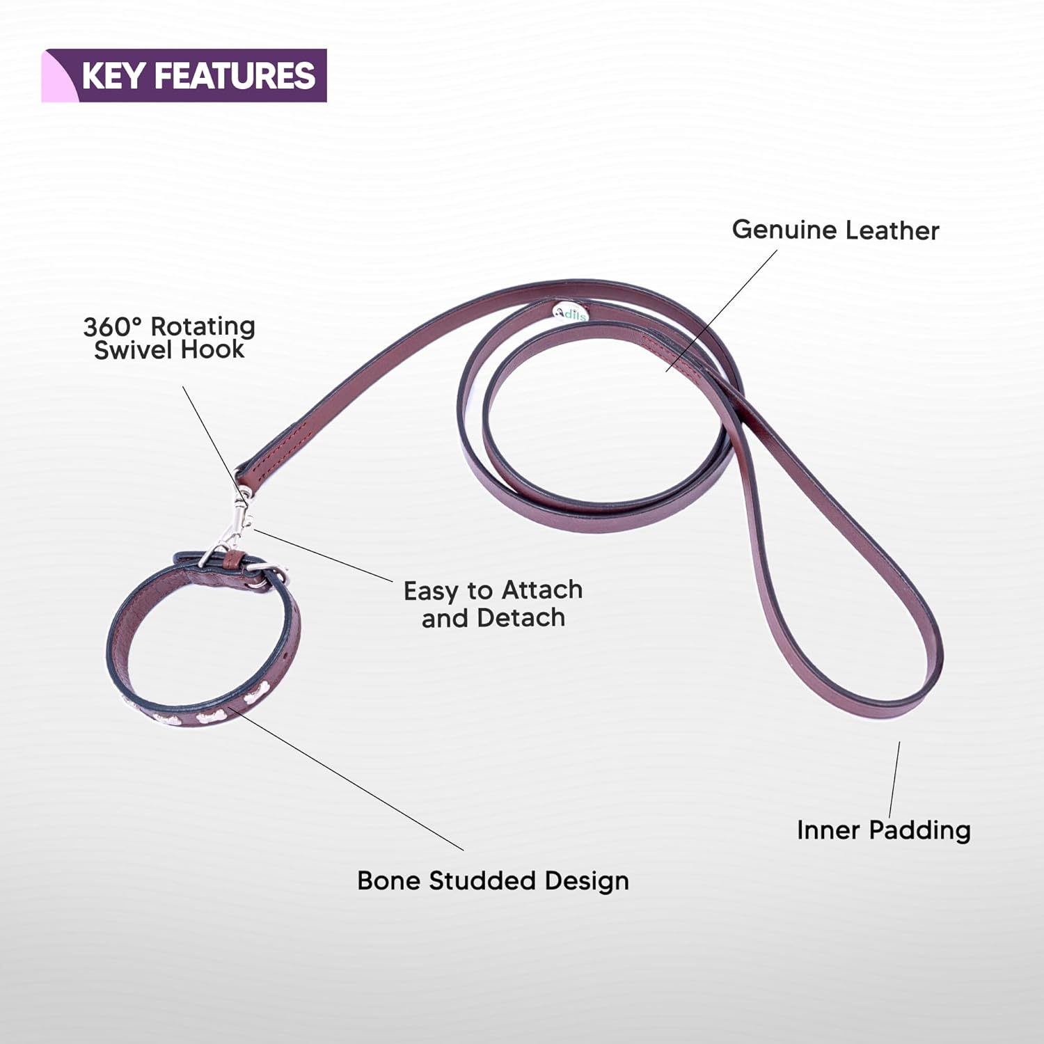 Adil’S Leather Cat Collar & Leash Set Combo - Stylish Single Bone Studded Design Collar, Genuine Leather, Adjustable Buckle & Secure 5ft Leash for Outdoor Activity (Brown)