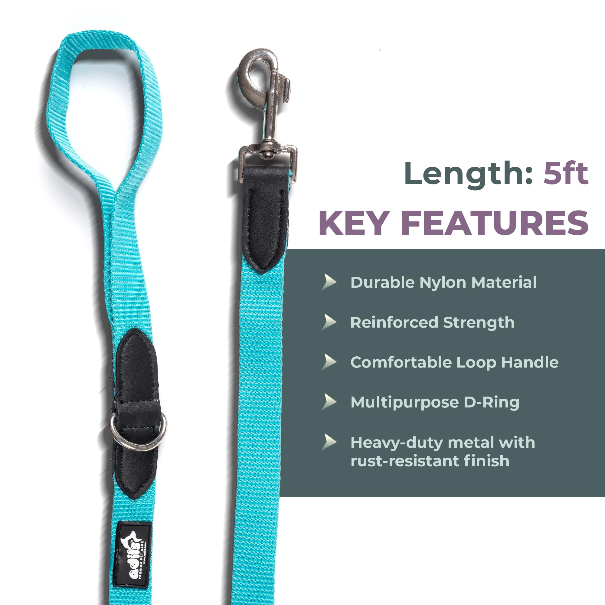 Adil’s 5FT Adjustable Nylon Dog Leash with Soft Leather Handle – Durable Long Lead with 360° Swivel Hook – Strong, Tangle-Free Leash for Walking & Training Small, Medium & Large Dogs
