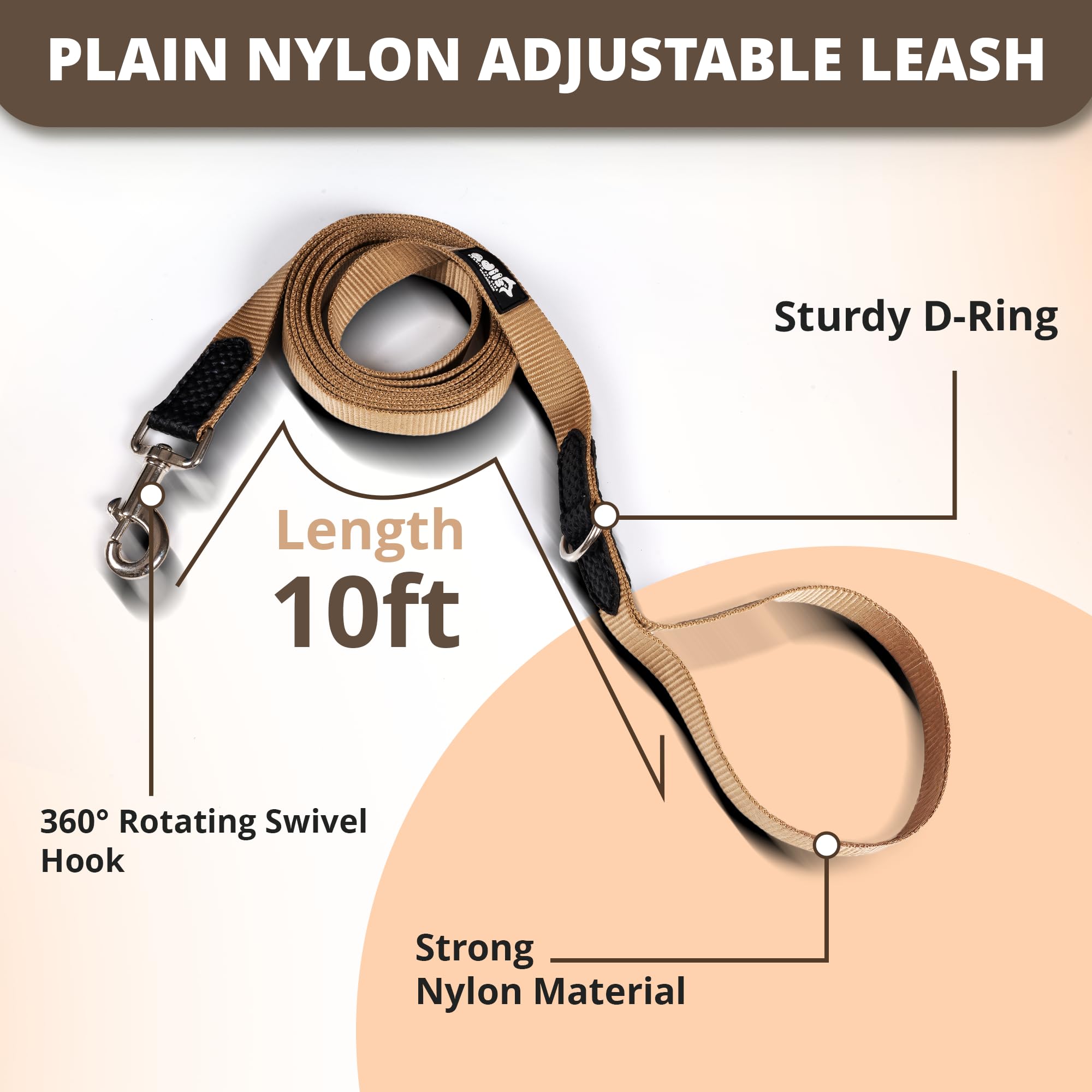 Adil’s 10FT Adjustable Dog Leash Features a Soft Leather Handle, Strong Nylon, and a 360° Swivel Hook—Durable, Comfy, and Ideal for Small to Large Dogs.