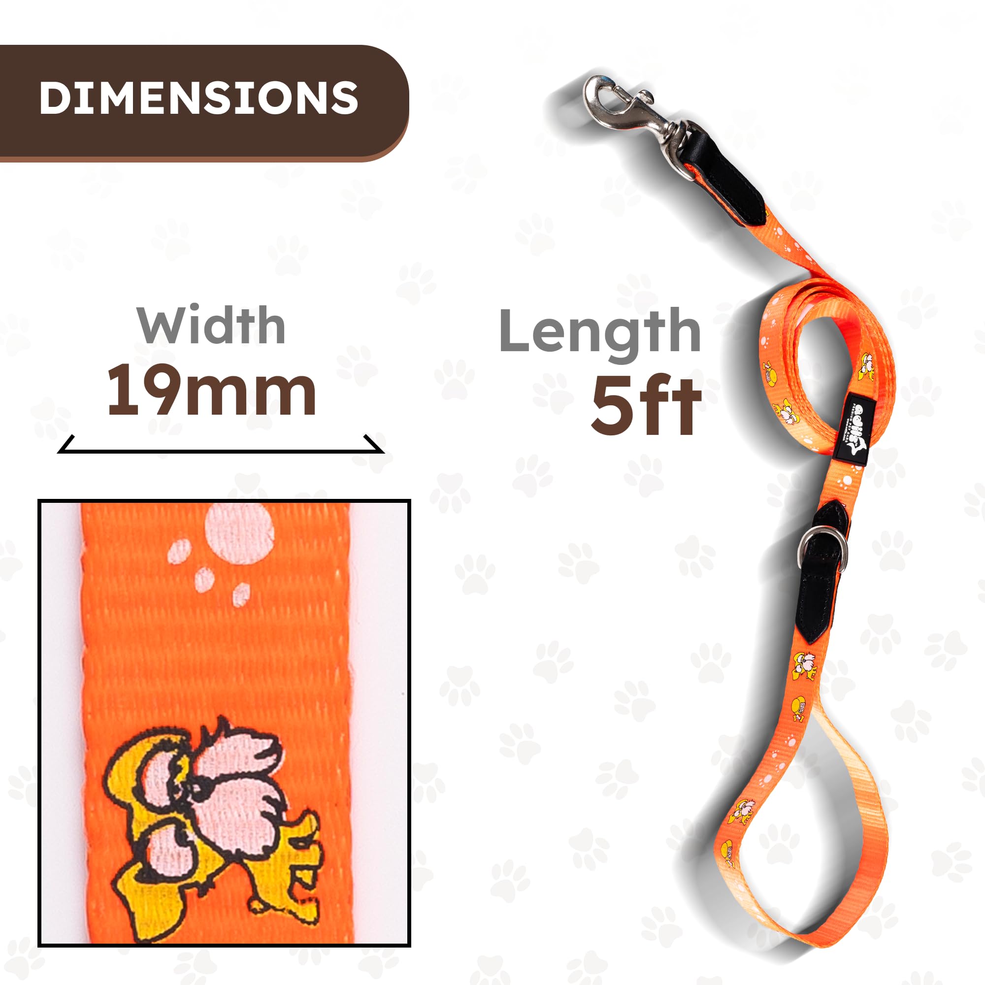 Adil’s Nylon Paw Print Dog Leash – 19mm Wide 5ft Long Durable Lead with 360° Swivel Hook Loop Handle Metal D-Ring Walking Training for Small Medium Pets