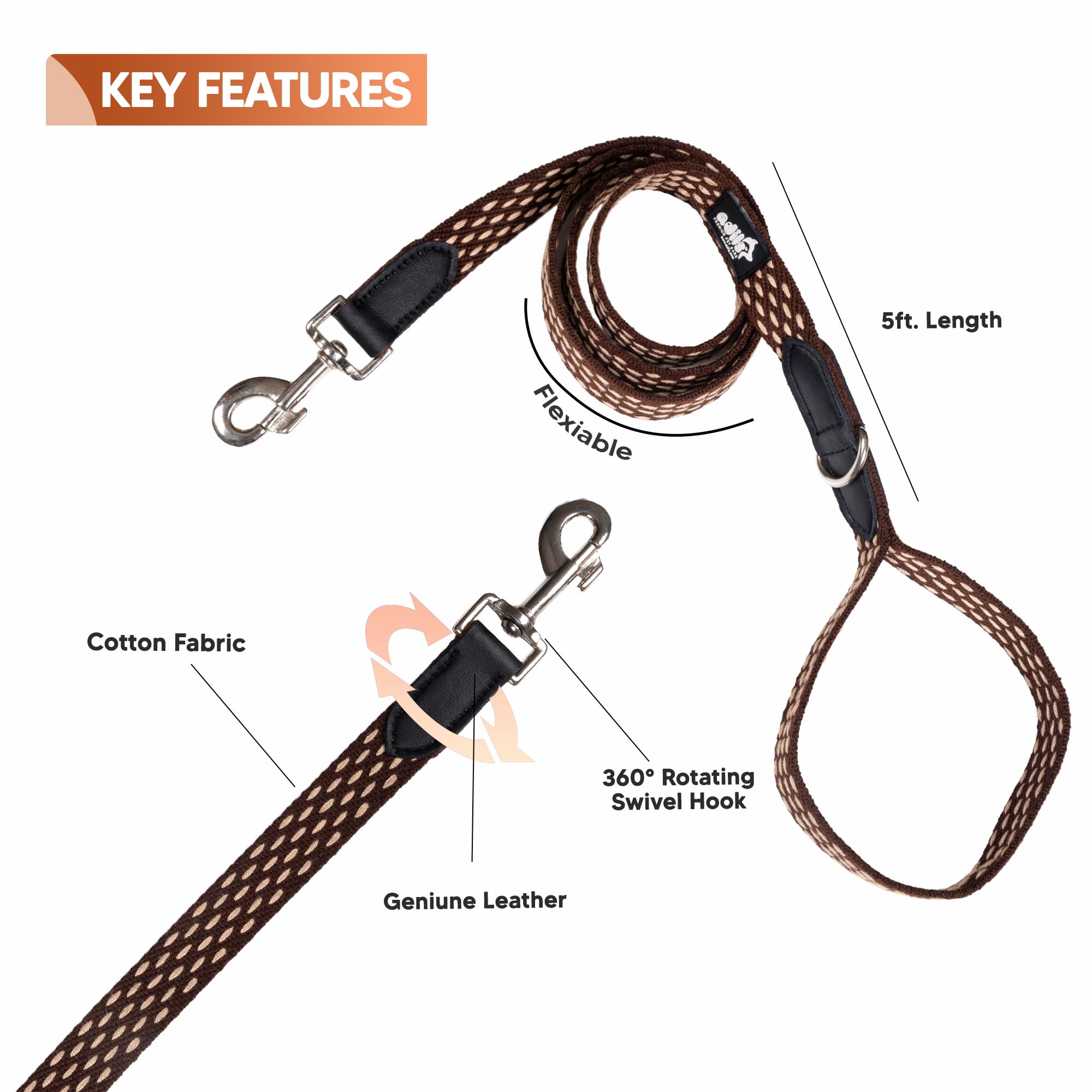 Adil’s 5ft Cotton Dotted Dog Leash with Leather Grip & 360° Swivel Hook – Durable, Comfy & Tangle-Free for All Dog Sizes