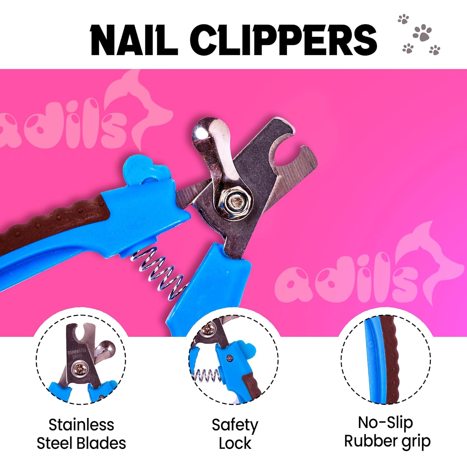 Adil’s Dog Nail Clipper - Pet Nail Trimmer with Safety Guard - Nail Cutter for Dogs & Cats, Stainless Steel Blades, Non-Slip Rubber Handle Grooming Tool for Pets