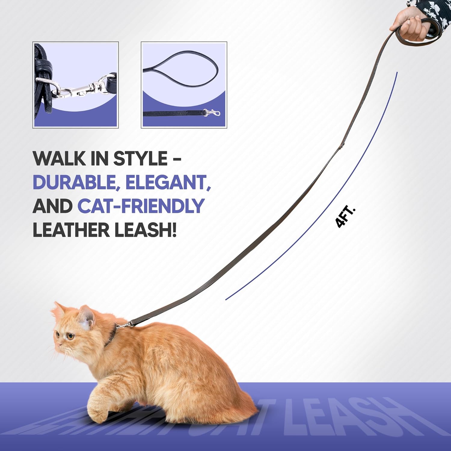 Adil’S Leather Cat Leash – Durable, Stylish & Comfortable Genuine Leather 4ft Long Leash with Secure Trigger Snap Hook for Safe Walks and Outdoor Adventures