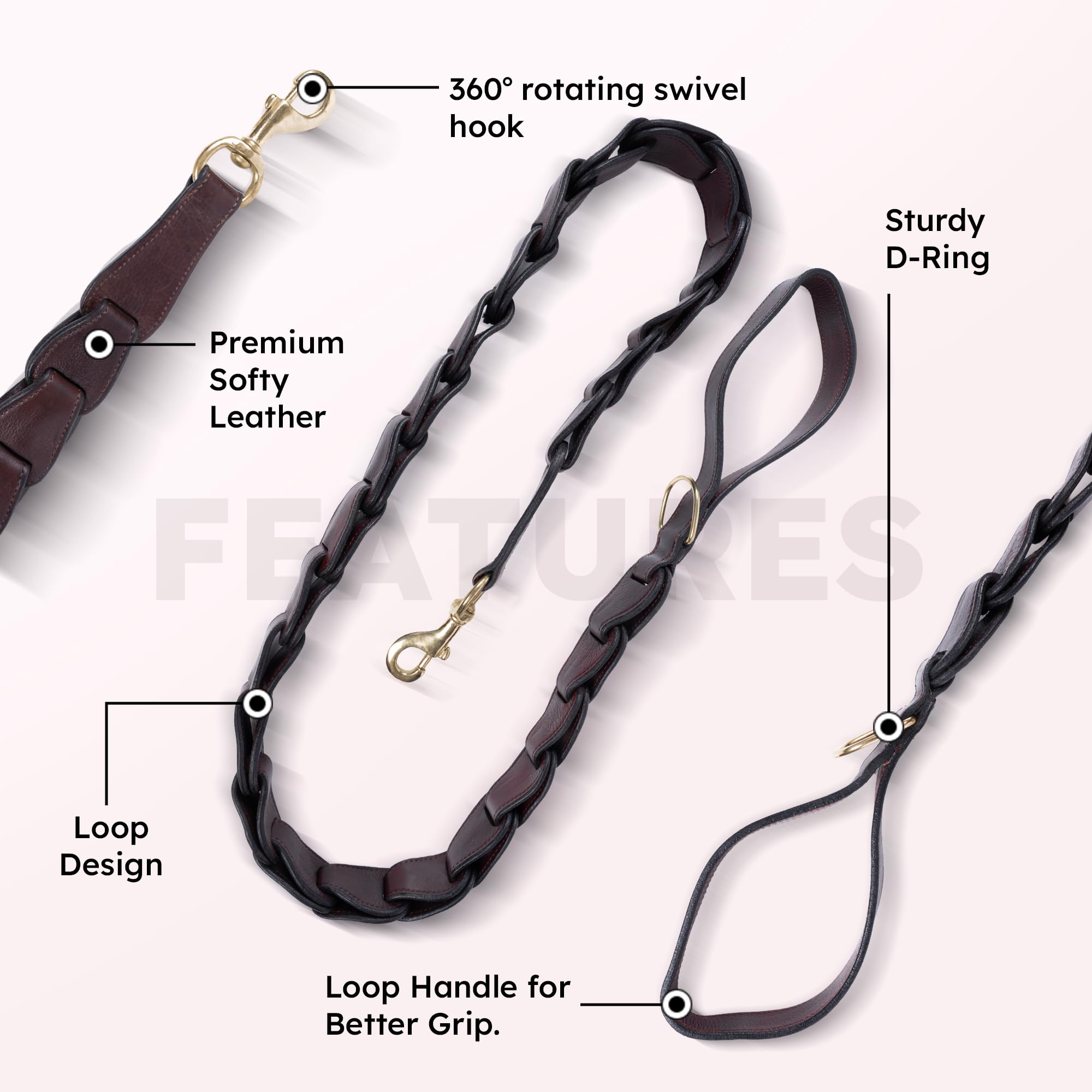 Adil's Premium Softy Leather Dog Leash 5ft Long 1 Inch Wide Braided Leash with Loop Handle 360° Golden Swivel Hook Strong D-Ring Durable Walking Training Lead for Small Medium Large Pets