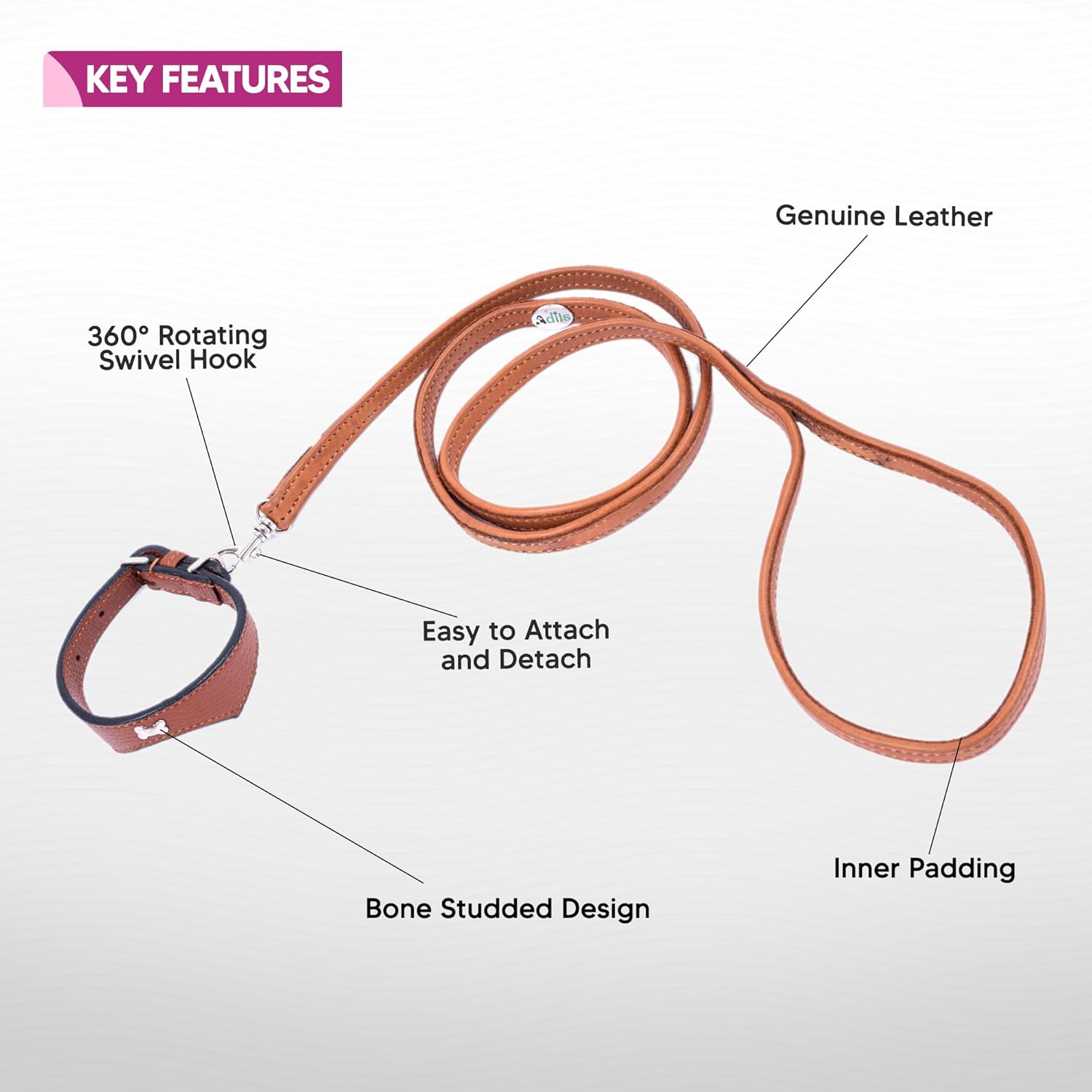 Adil’S Leather Cat Collar & Leash Set Combo - Stylish Single Bone Studded Design Collar, Genuine Leather, Adjustable Buckle & Secure 5ft Leash for Outdoor Activity (Brown)