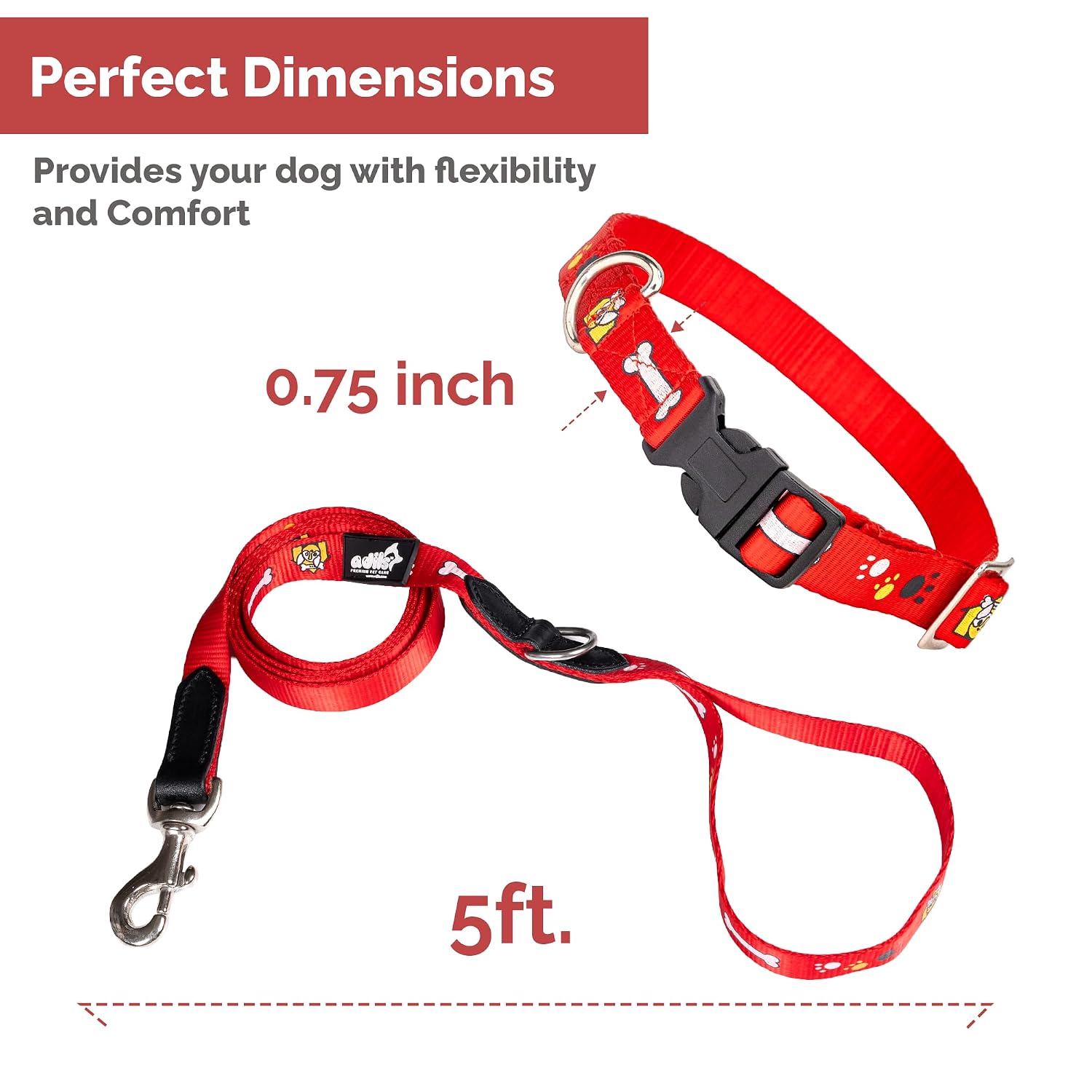 Adil's Nylon Paw Print Dog Collar & Leash Combo Set Quick Release Buckle 360° Swivel Hook Leather Accents 0.75 Inch Collar 5Ft Lead Walking Training for Small Medium Pets