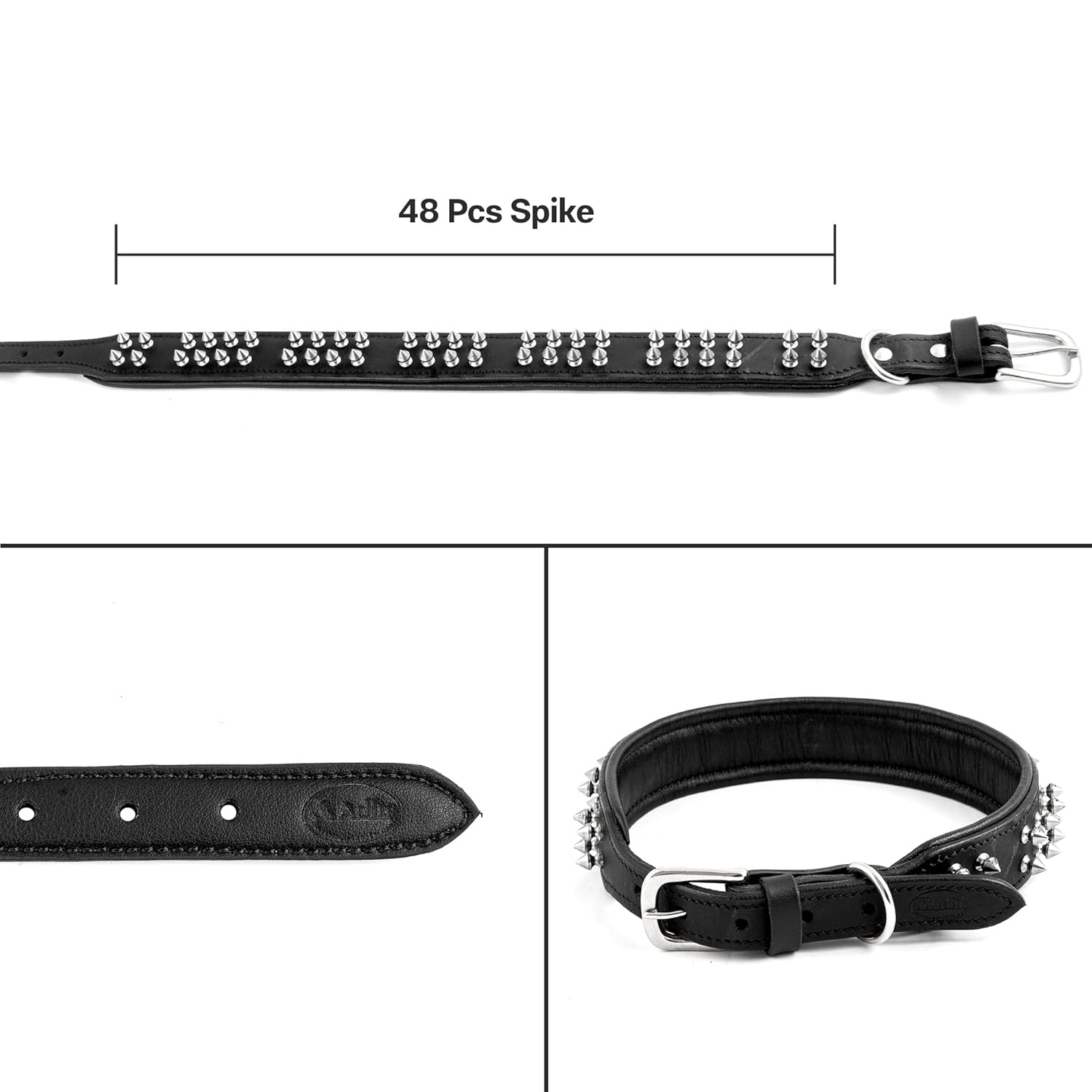 ADIL'S Leather Dog Collar With Spike, Adjustable Metal Buckle Studded Collars For Small, Medium, & Large Dog With D Ring, Width: 38Mm