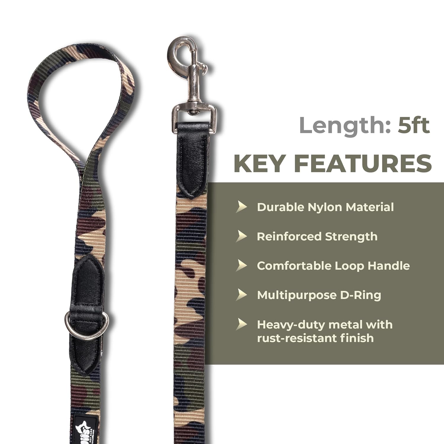 Adil’s Nylon Adjustable Dog Leash in Army Print with Soft Leather Handle, Heavy-Duty Strap & 360° Swivel Hook – Durable Training & Walking Leash for Small, Medium & Large Pets.