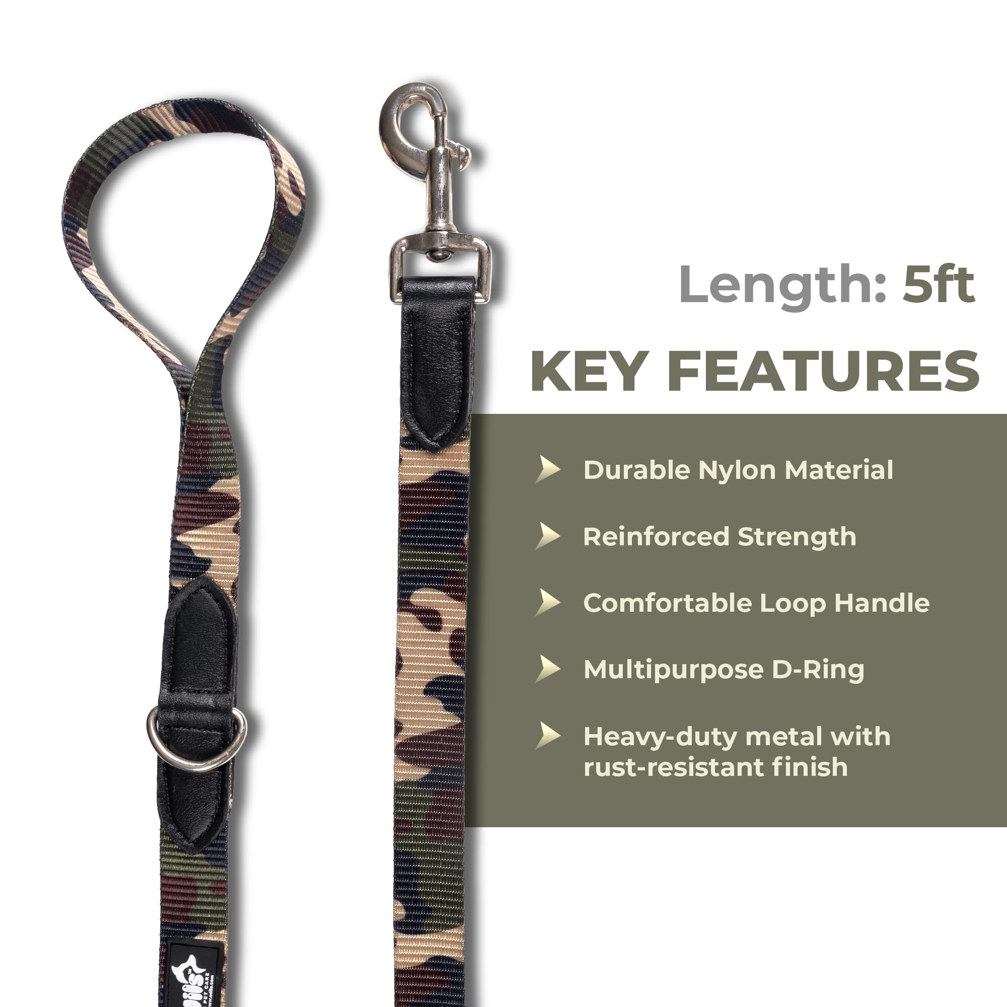 Adil’s Nylon Adjustable Dog Leash in Army Print with Soft Leather Handle, Heavy-Duty Strap & 360° Swivel Hook – Durable Training & Walking Leash for Small, Medium & Large Pets.
