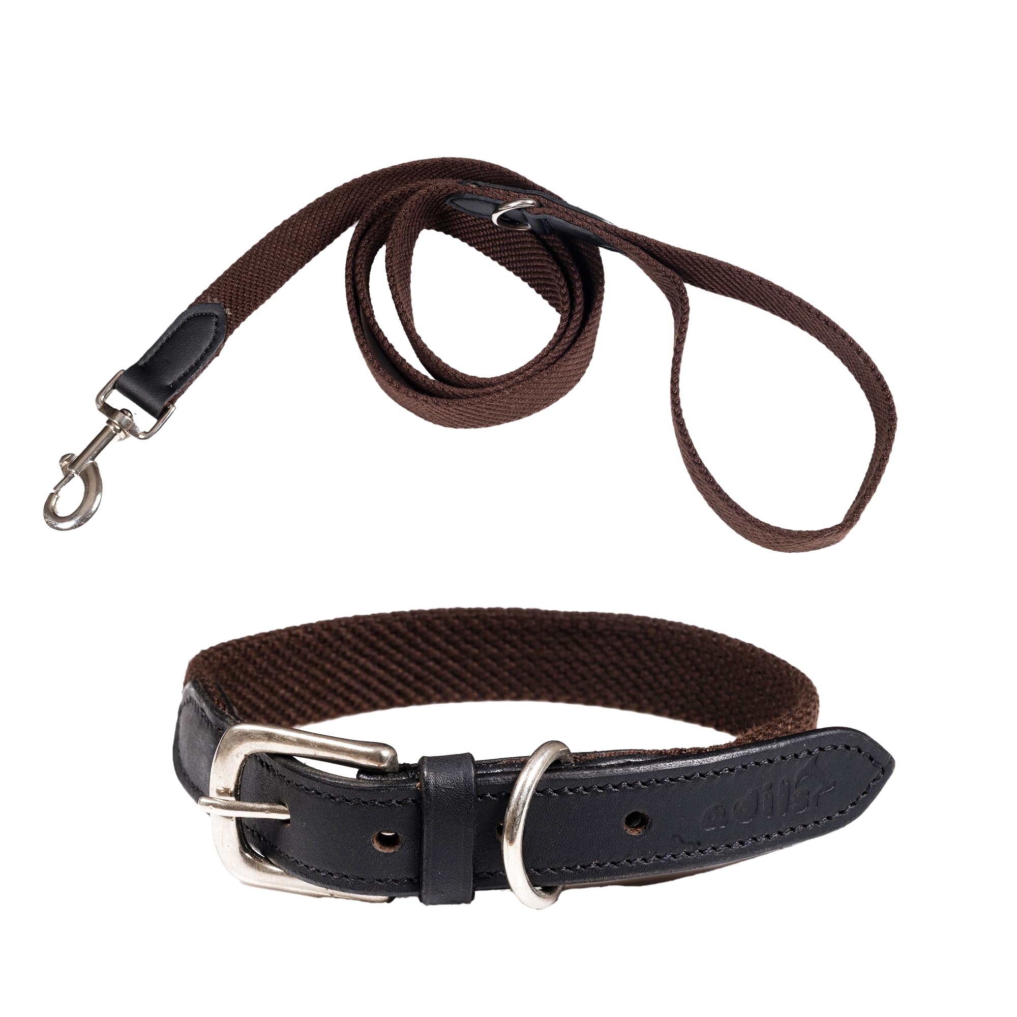 Adil’s Plain Cotton Adjustable Leather Neck Belt Dog Collar & 5FT Leash Combo Set | Durable Cotton-Leather with Metal Buckle for Small, Medium & Large Dogs (Black, M(16''-20''))