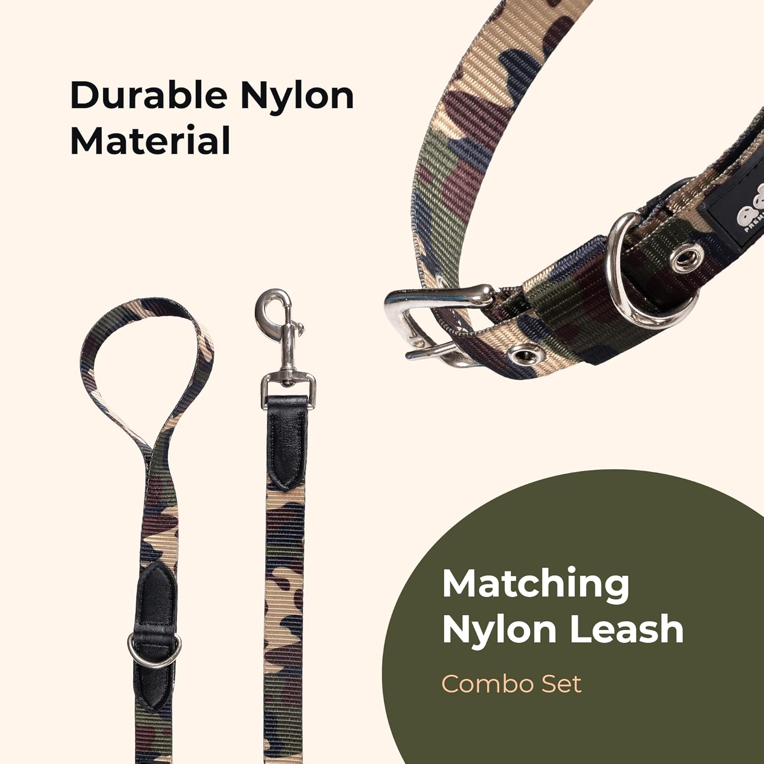 Adil’s Nylon Adjustable Dog Collar & 10ft Leash Combo Set in Army Print Durable Neckbelt with Metal Buckle D-Ring 360 Swivel Hook with Loop Handle for Small Medium Large Pet
