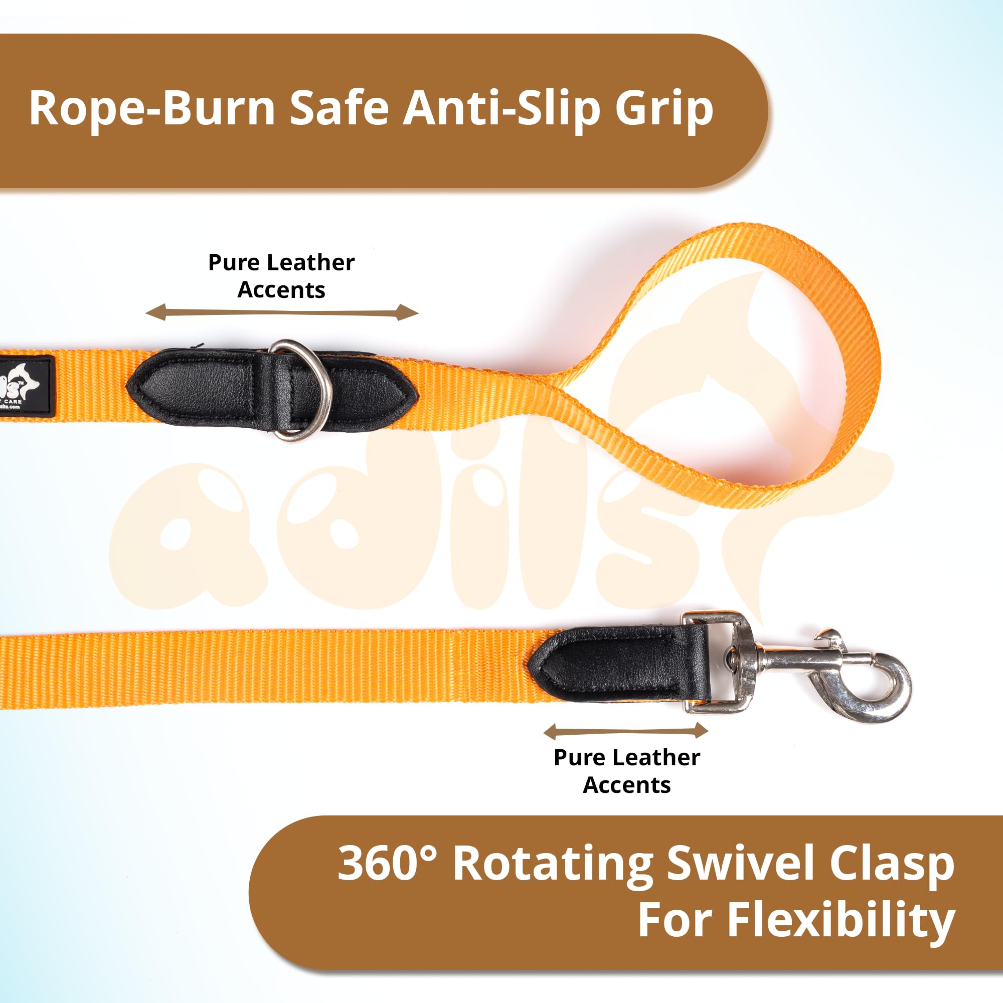 Adil’s 10FT Adjustable Dog Leash Features a Soft Leather Handle, Strong Nylon, and a 360° Swivel Hook—Durable, Comfy, and Ideal for Small to Large Dogs.