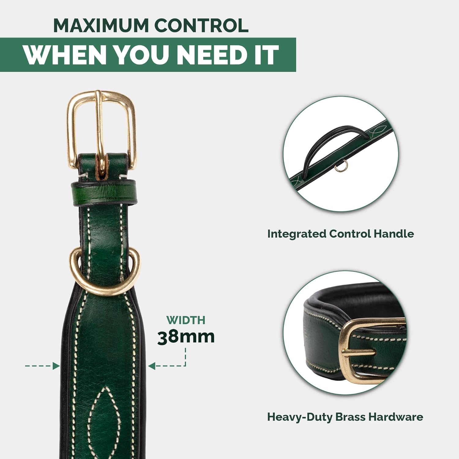 Adil's Softy Leather Dog Collar with Control Handle 1.5 inch Wide Built-in Quick Grab Leather Pull Strap, Heavy Duty Dual D-Ring Neckbelt for Medium & Large Dogs