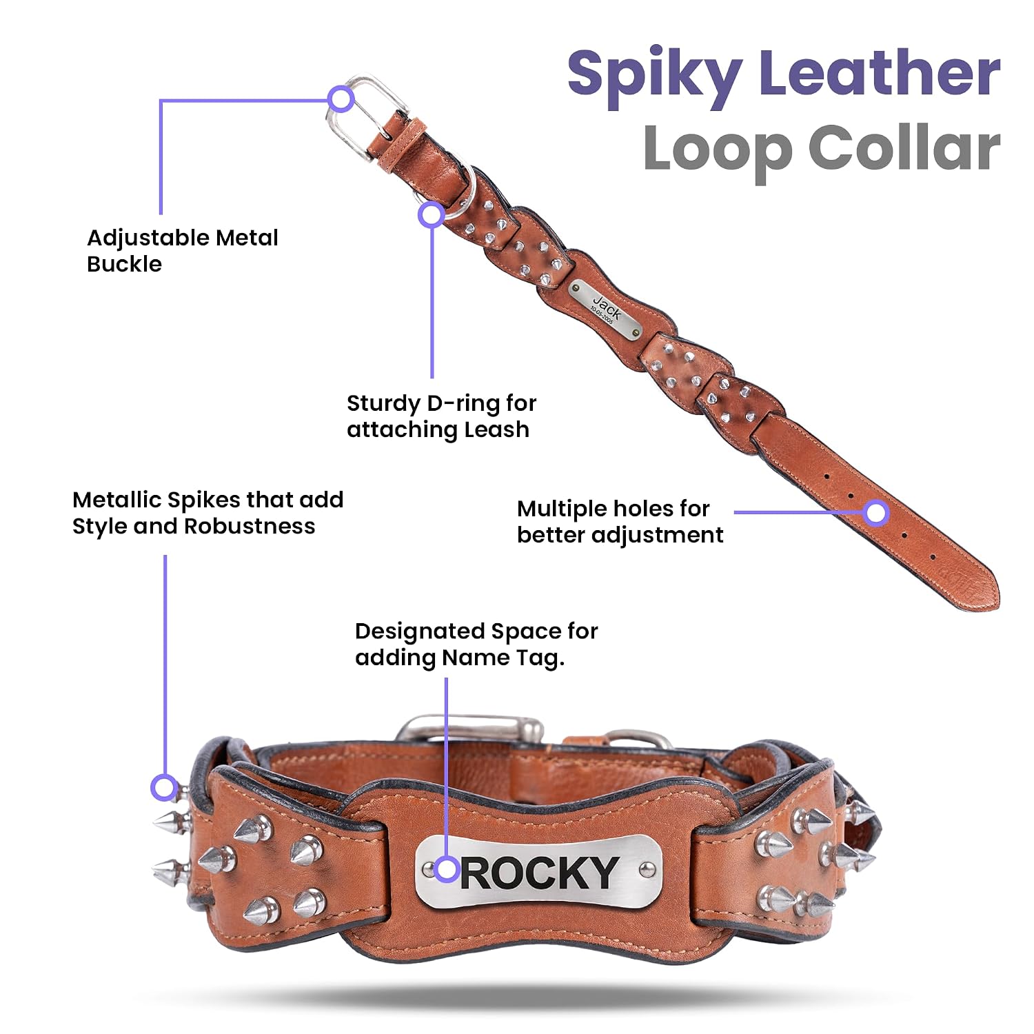 Adil’s Personalized Leather Loop Spike Dog Collar & Leash Combo Set 1.5" Wide Adjustable Neckbelt Metal Buckle D-Ring 5Ft Leather Heavy Duty Loop Cord with 360 Swivel Hook for Training Walking