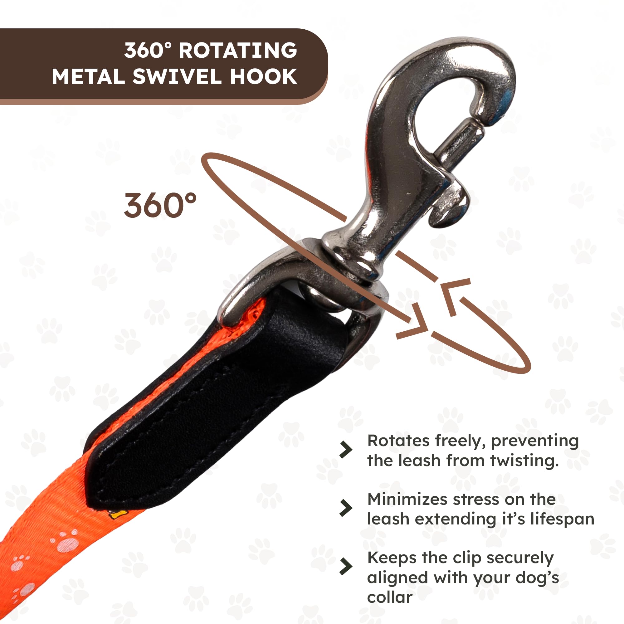 Adil’s Nylon Paw Print Dog Leash – 19mm Wide 5ft Long Durable Lead with 360° Swivel Hook Loop Handle Metal D-Ring Walking Training for Small Medium Pets