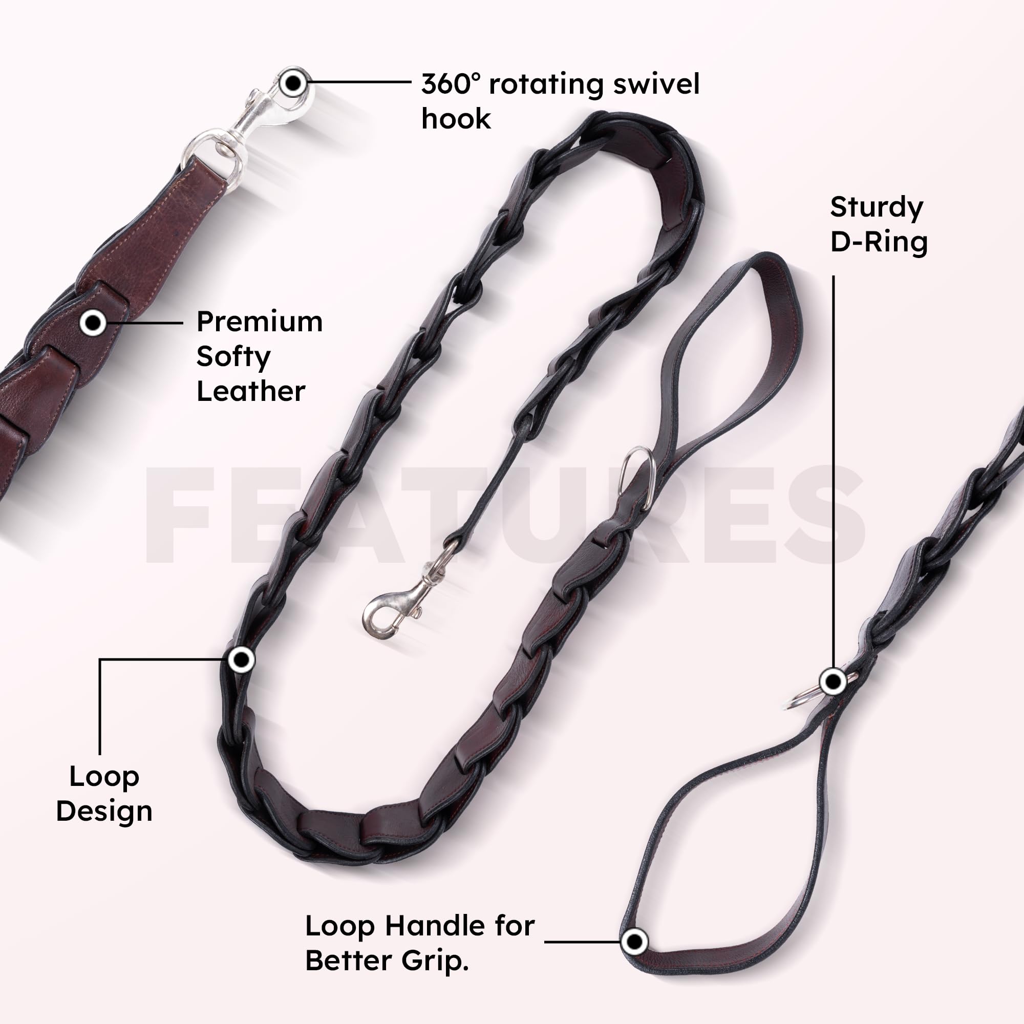 Adil's Premium Softy Leather Dog Leash 5ft Long 1.5 Inch Wide Braided Leash with Loop Handle 360° Swivel Hook Heavy Duty D-Ring Durable Walking Training Lead for Small Medium Large Pets