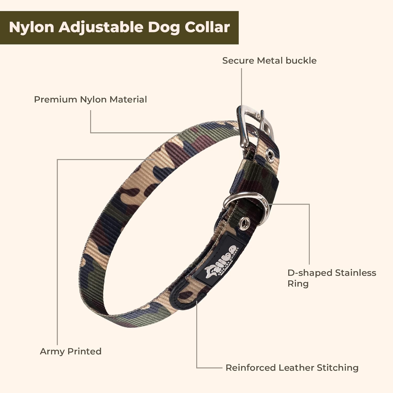 Adil’s Nylon Adjustable Dog Collar & 10ft Leash Combo Set in Army Print Durable Neckbelt with Metal Buckle D-Ring 360 Swivel Hook with Loop Handle for Small Medium Large Pet