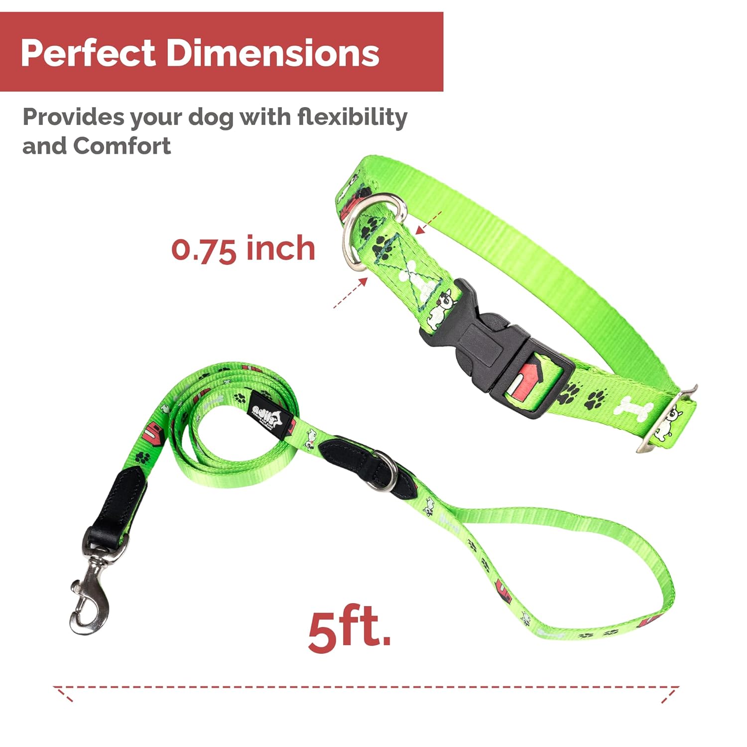 Adil's Nylon Paw Print Dog Collar & Leash Combo Set Quick Release Buckle 360° Swivel Hook Leather Accents 0.75 Inch Collar 5Ft Lead Walking Training for Small Medium Pets (Green, XS)