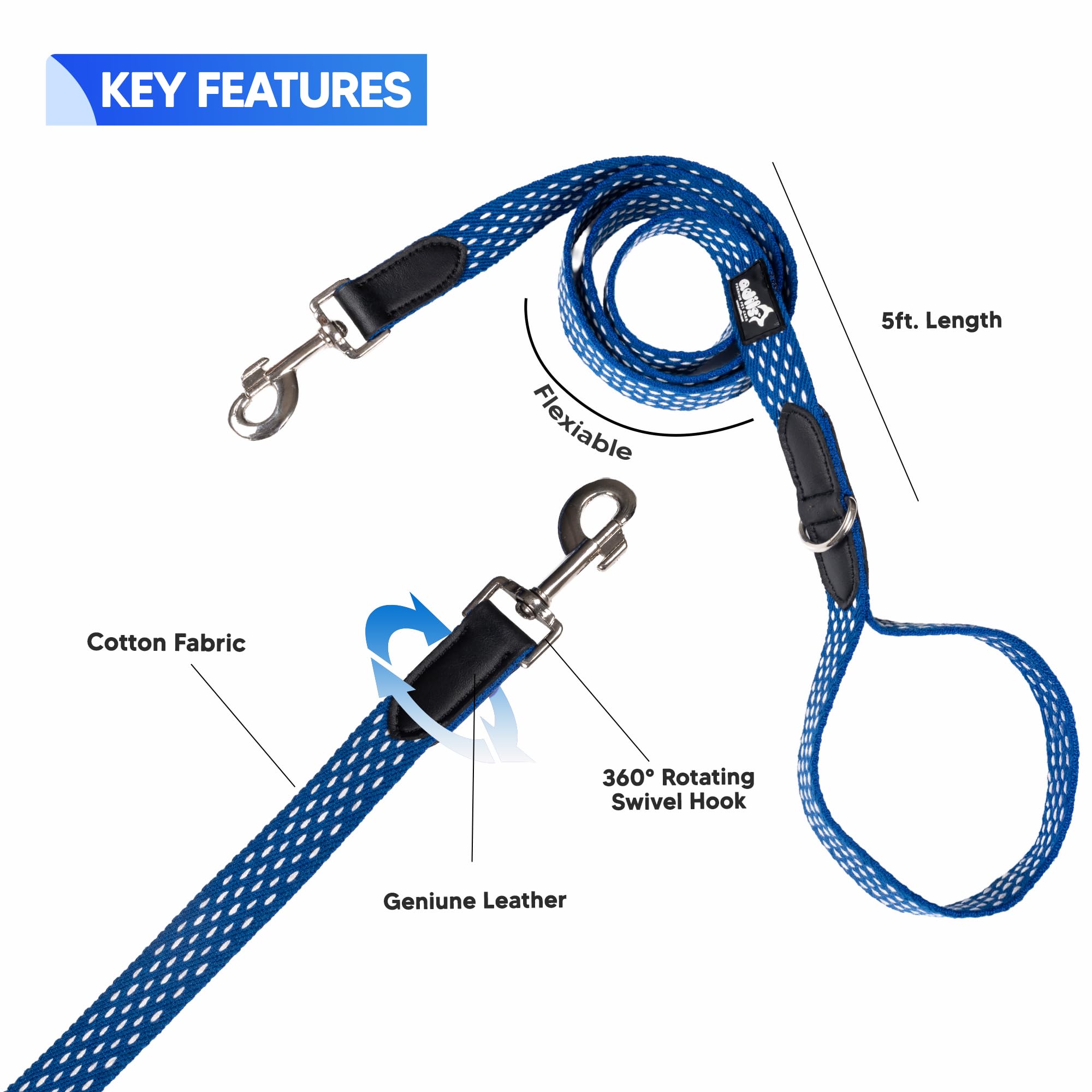 Adil’s 5ft Cotton Dotted Dog Leash with Leather Grip & 360° Swivel Hook – Durable, Comfy & Tangle-Free for All Dog Sizes