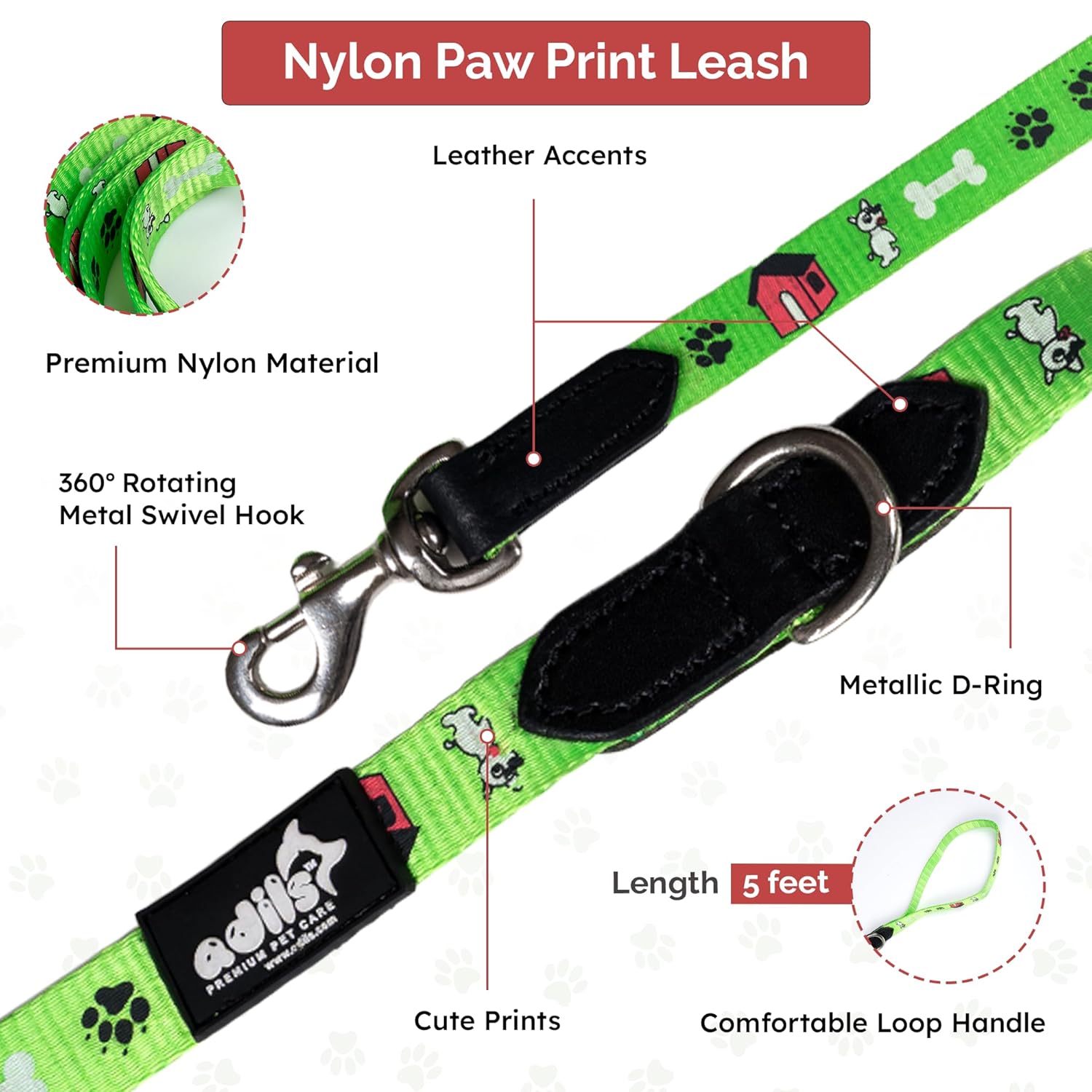 Adil's Nylon Paw Print Dog Collar & Leash Combo Set Quick Release Buckle 360° Swivel Hook Leather Accents 0.75 Inch Collar 5Ft Lead Walking Training for Small Medium Pets (Green, XS)