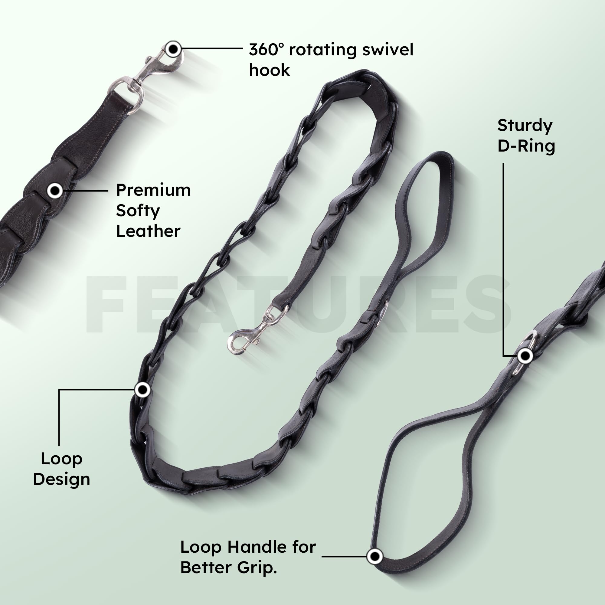 Adil's Premium Softy Leather Dog Leash 5ft Long 1.5 Inch Wide Braided Leash with Loop Handle 360° Swivel Hook Heavy Duty D-Ring Durable Walking Training Lead for Small Medium Large Pets