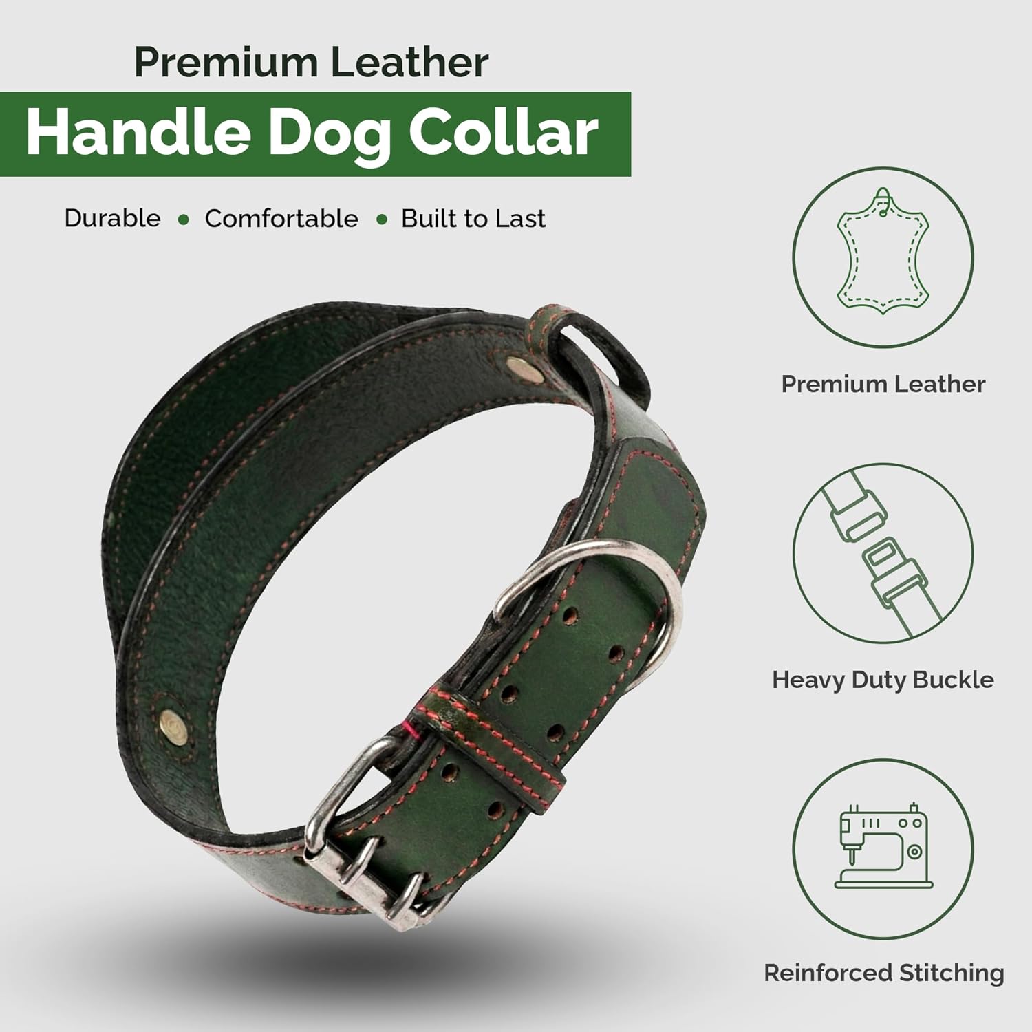 Adil's Leather Dog Collar with Control Handle 1.5 inch Wide Double Pin Buckle Built-in Quick Grab Pull Strap D-Ring for ID Card Training Walking Skin Friendly Neckbelt Medium Large Dogs