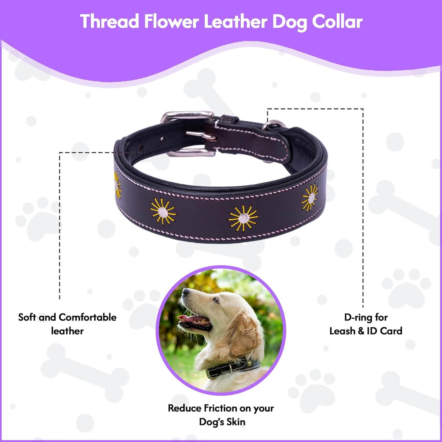Adil’S Leather Dog Collar Thread Flower Design 1.5 width Adjustable Collars for Small Medium & Large Dogs, Made up Genuine Leather with Strong Metal Buckle