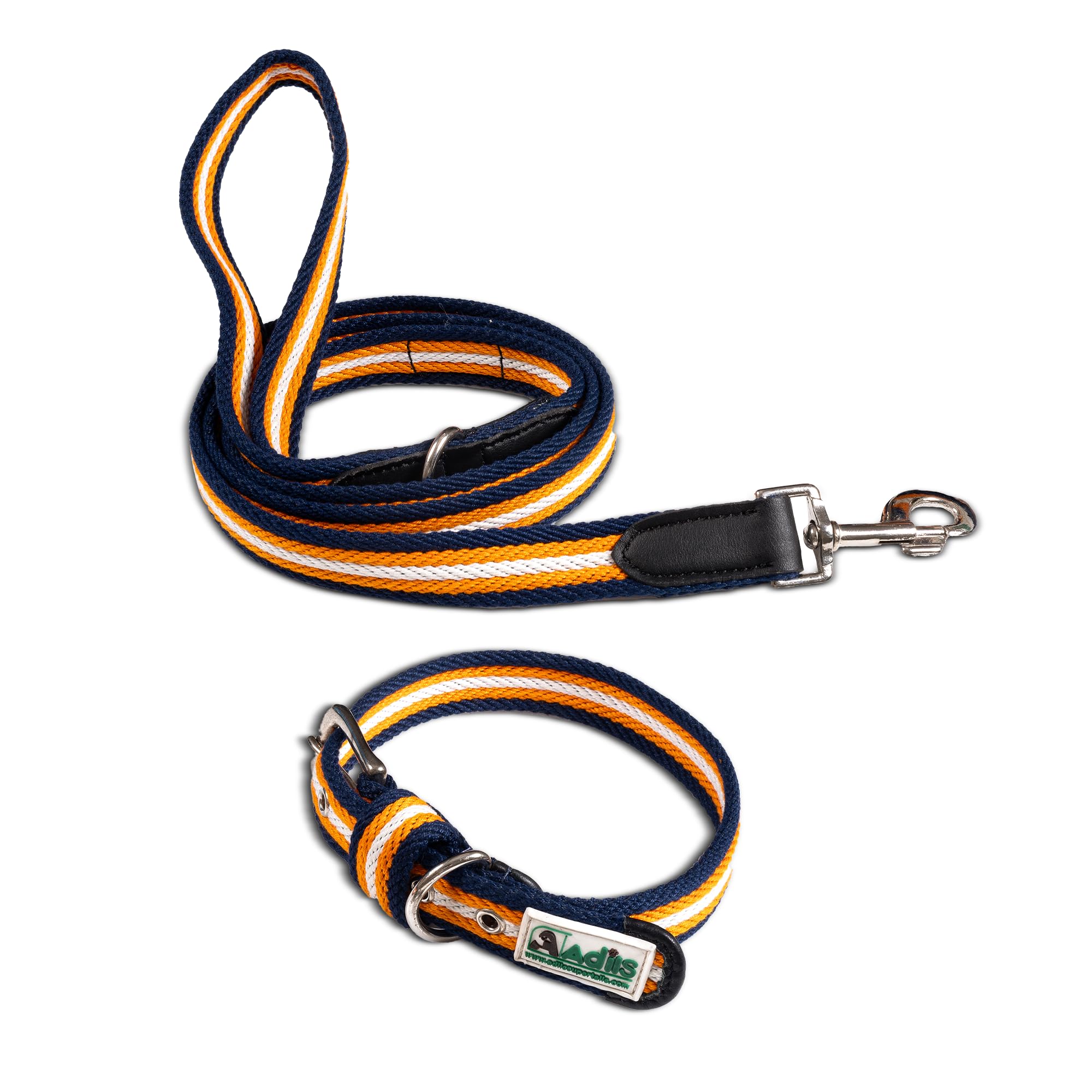 Adil’s Multi Color Cotton Dog Collar & Leash Combo Set | Durable High-Density Cotton with Metal Buckle, Adjustable Holes & 5 Ft Leash for Small, Medium & Large Dogs (Grey White Blue, XL)