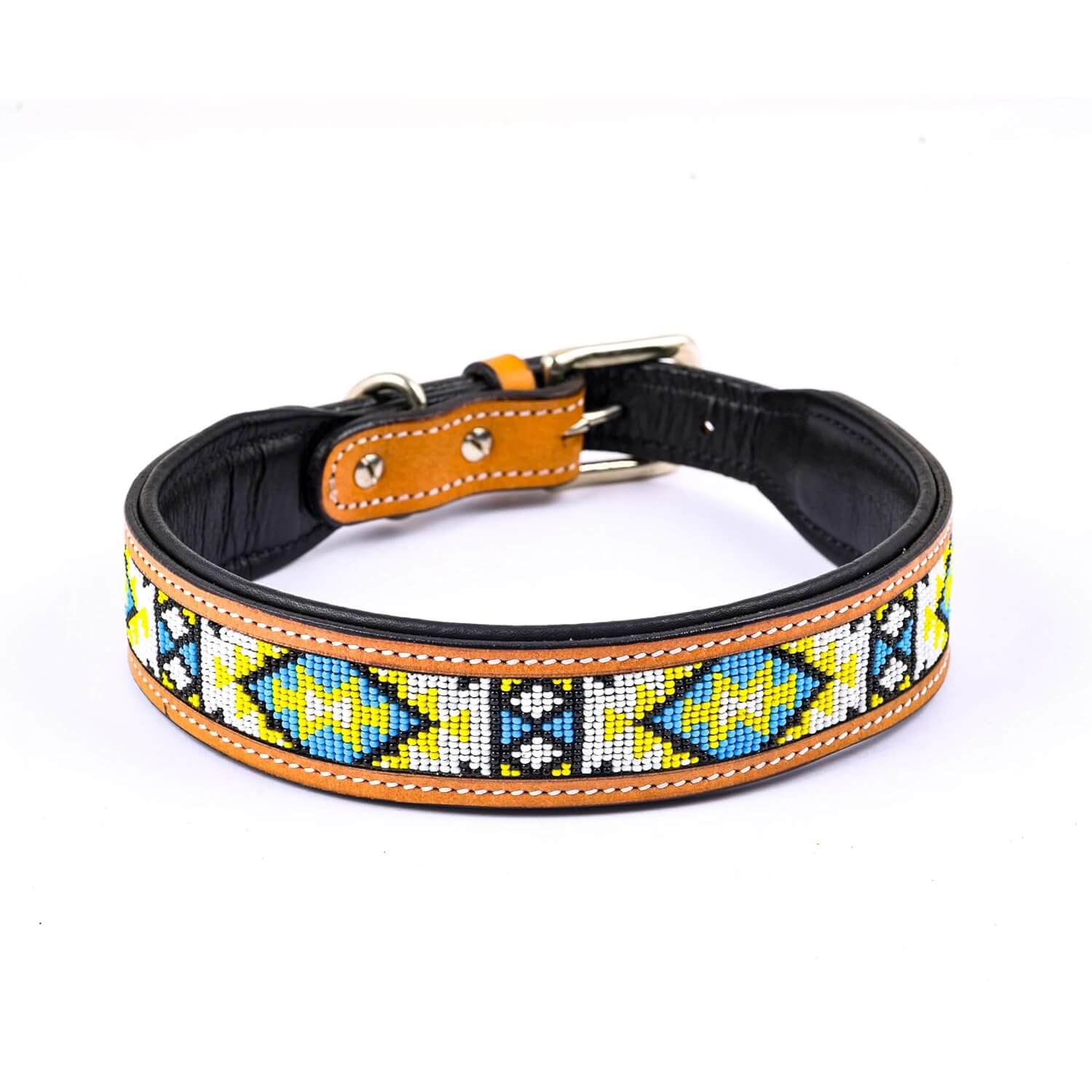 Adil’s Beaded Leather Dog Collar, Hand Tooled Adjustable with Strong Metal Buckle