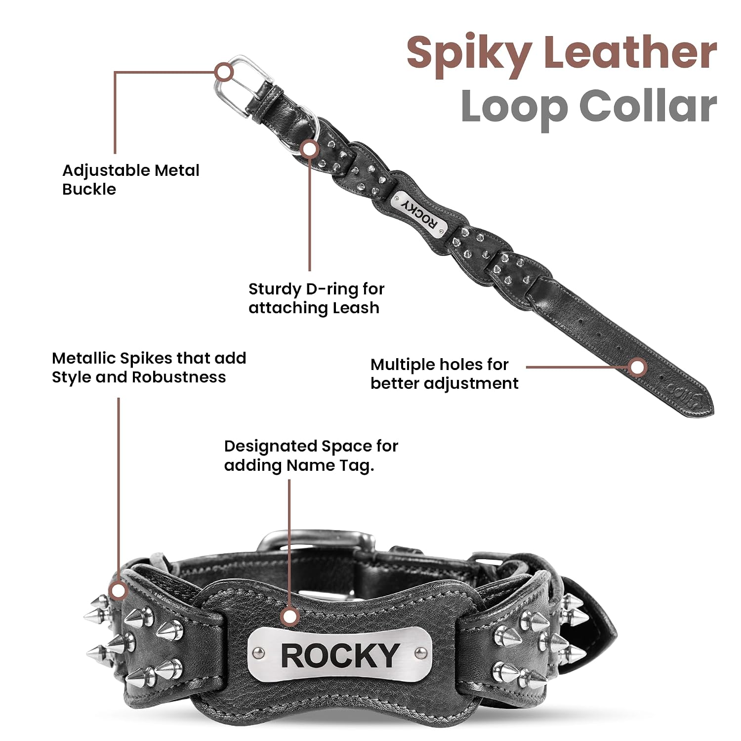 Adil’s Personalized Leather Loop Spike Dog Collar & Leash Combo Set 1.5" Wide Adjustable Neckbelt Metal Buckle D-Ring 5Ft Leather Heavy Duty Loop Cord with 360 Swivel Hook for Training Walking
