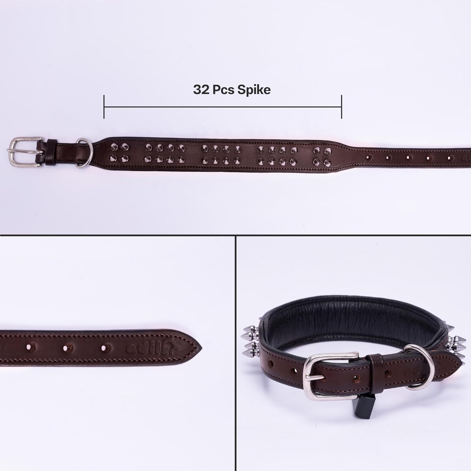ADIL'S Leather Dog Collar With Spike, Adjustable Metal Buckle Studded Collars For Small, Medium, & Large Dog With D Ring, Width: 38Mm